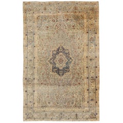 19th Century Persian Mohtesham Kashan Rug in Cream and Light blue, light Green