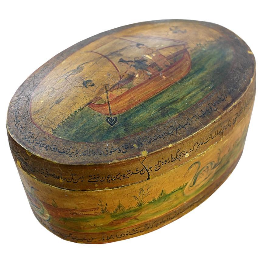 19th Century Persian Papier Mache Hand Painted Trinket Box For Sale