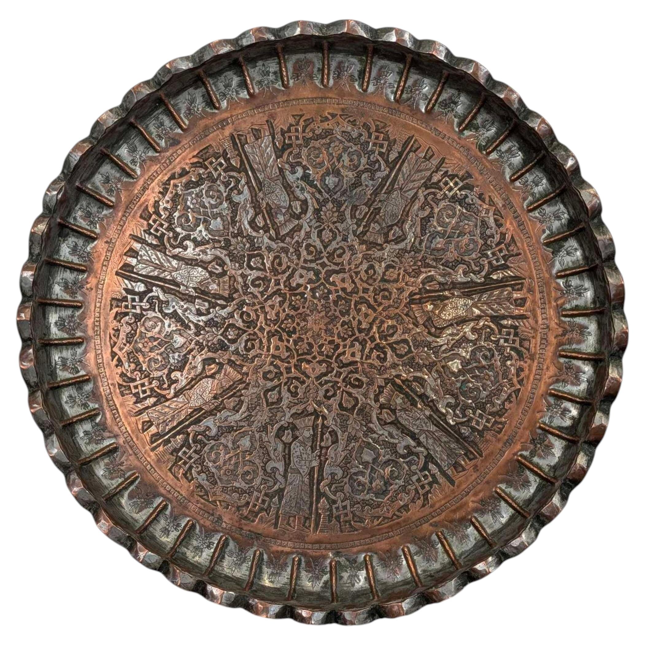 19th Century Persian Qajar Copper Tray with Figural Foliate Ornament
