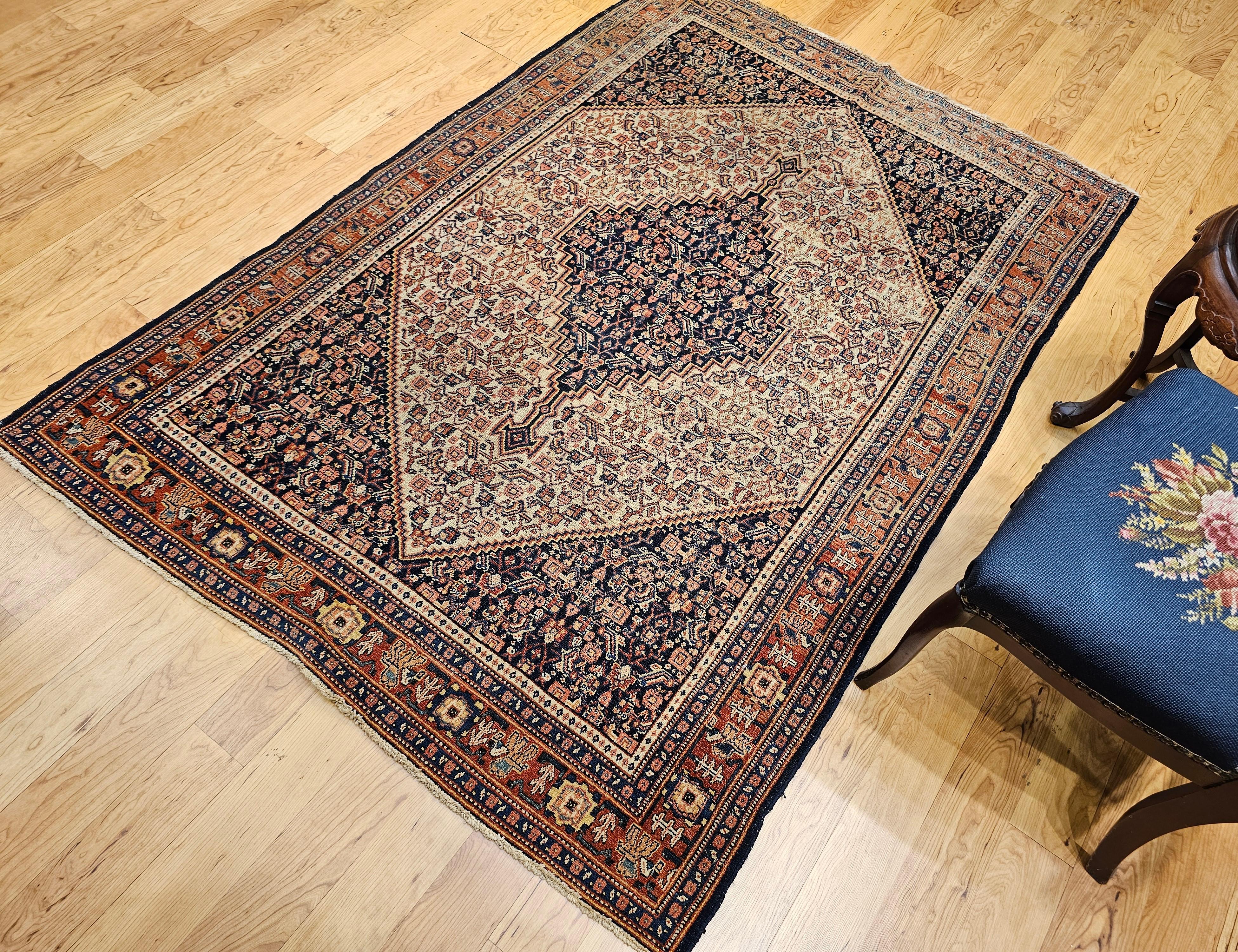 Persischer Senneh-Teppich des 19. Jahrhunderts mit geometrischem Muster in Elfenbein, Marineblau, Rost im Angebot 11