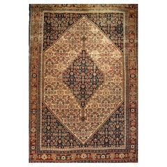19th Century Persian Senneh Area Rug In Geometric Pattern in Ivory, Navy, Rust