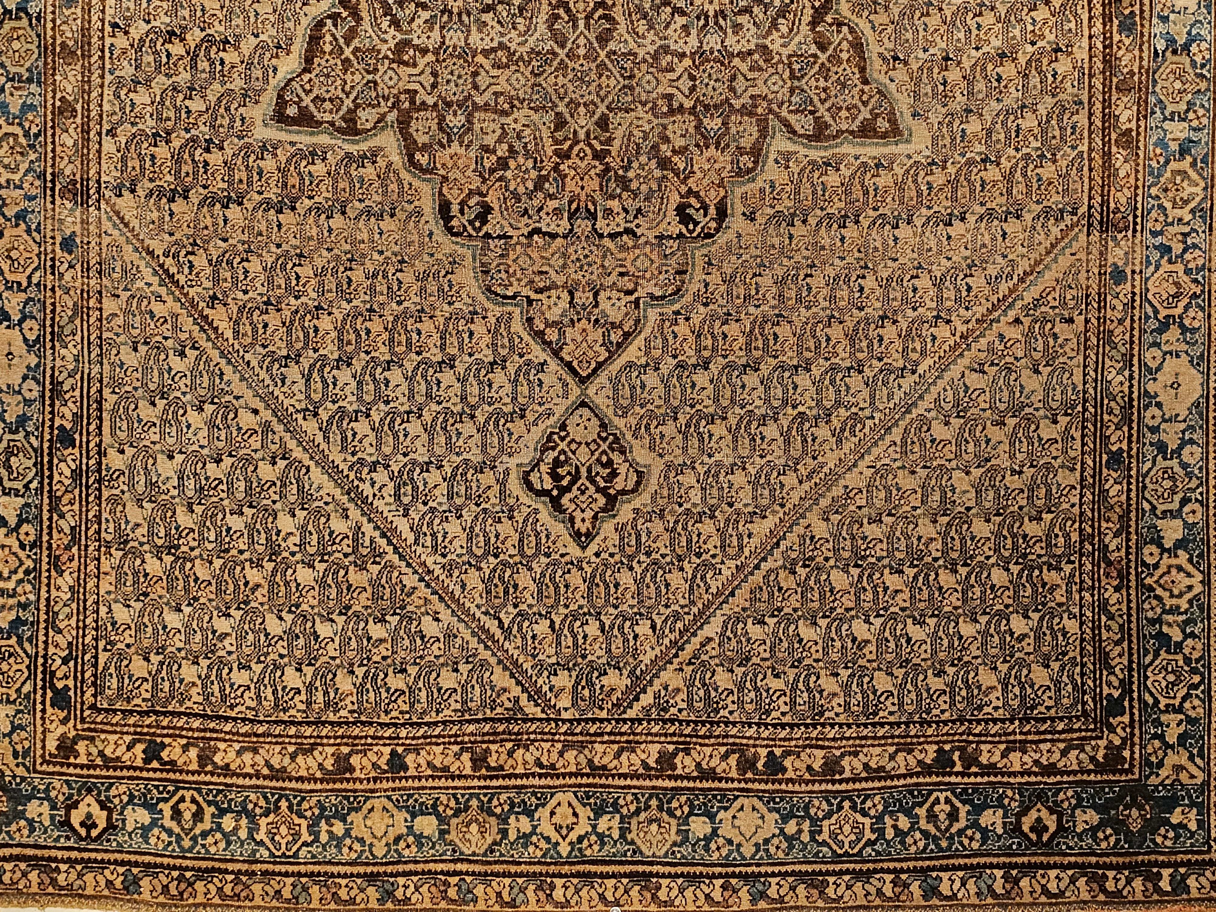 19th Century Persian Senneh in a Paisley Pattern in Chocolate and French Blue For Sale 5
