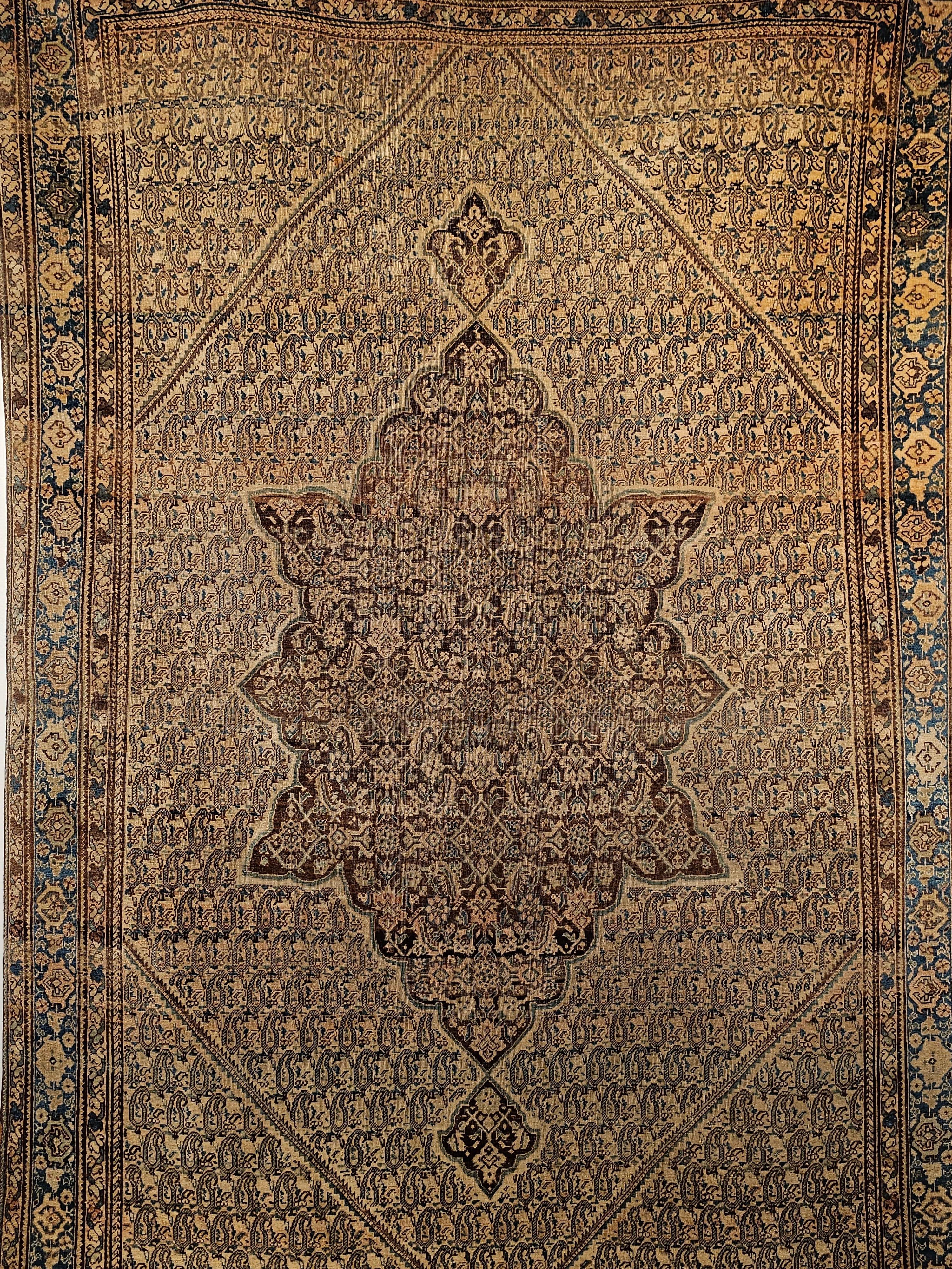Vegetable Dyed 19th Century Persian Senneh in a Paisley Pattern in Chocolate and French Blue For Sale
