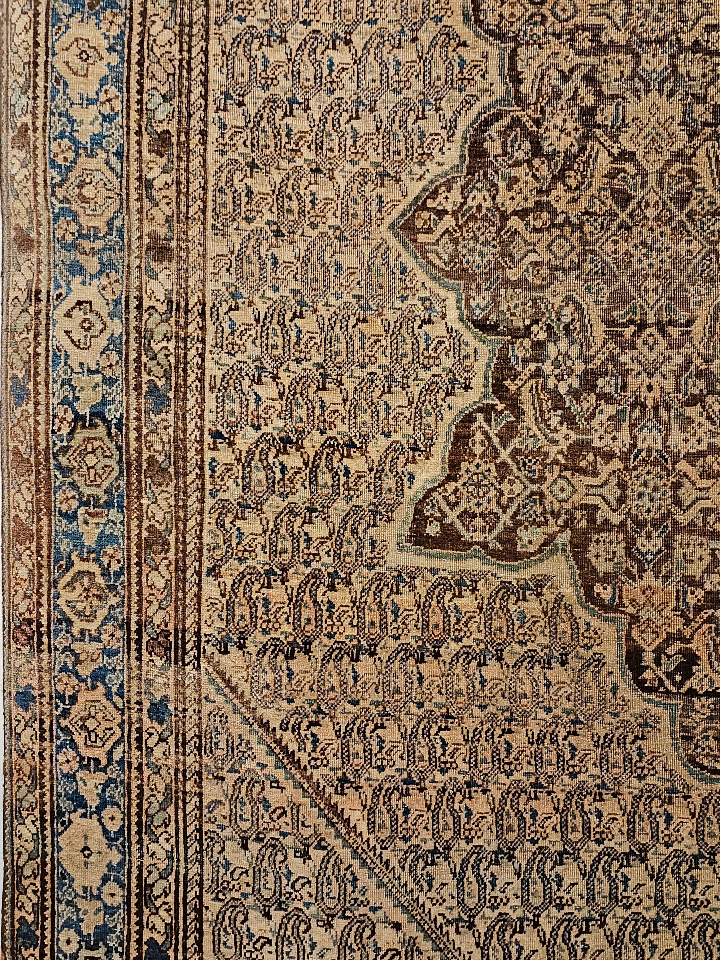 Wool 19th Century Persian Senneh in a Paisley Pattern in Chocolate and French Blue For Sale