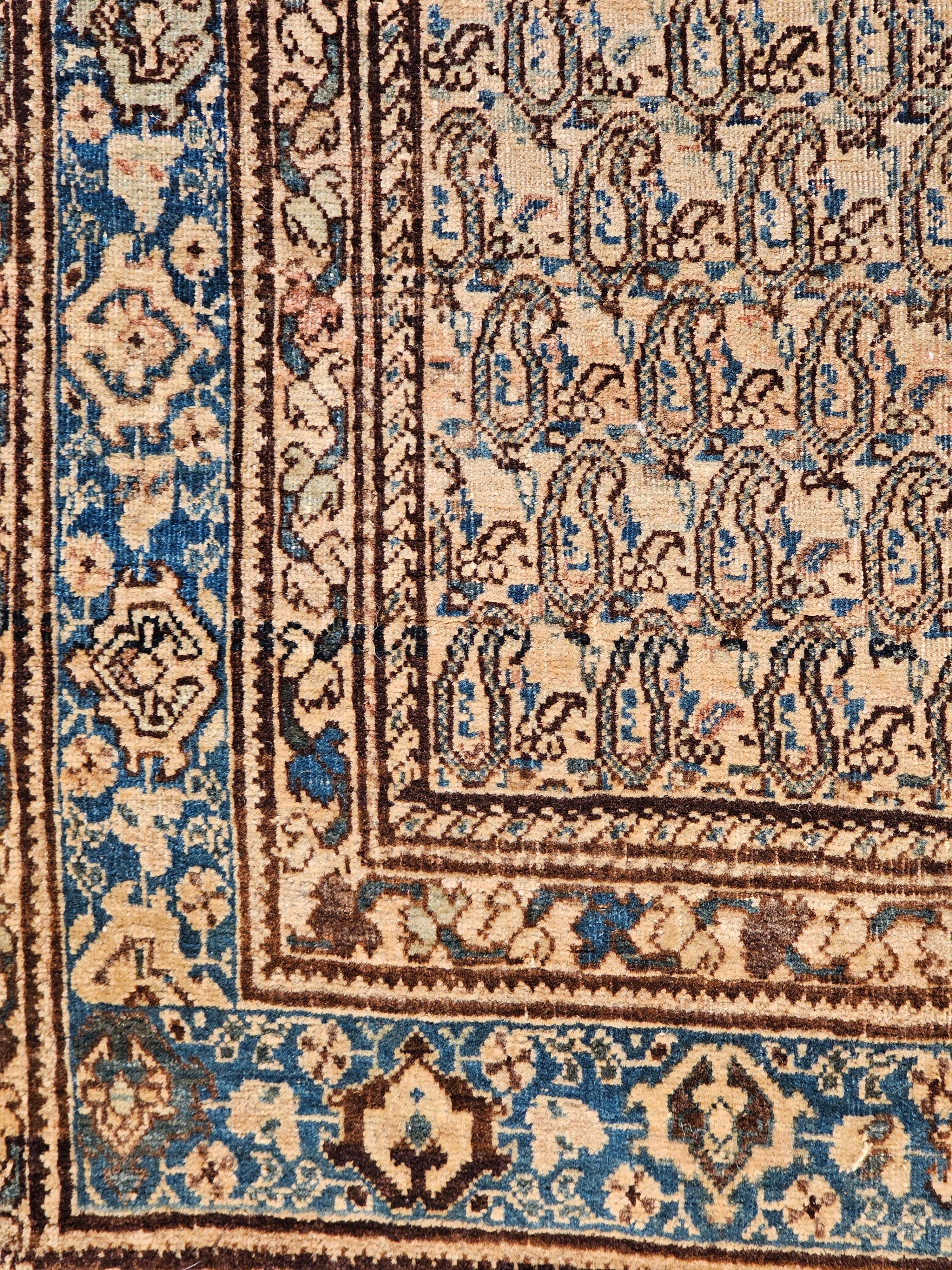 19th Century Persian Senneh in a Paisley Pattern in Chocolate and French Blue For Sale 2