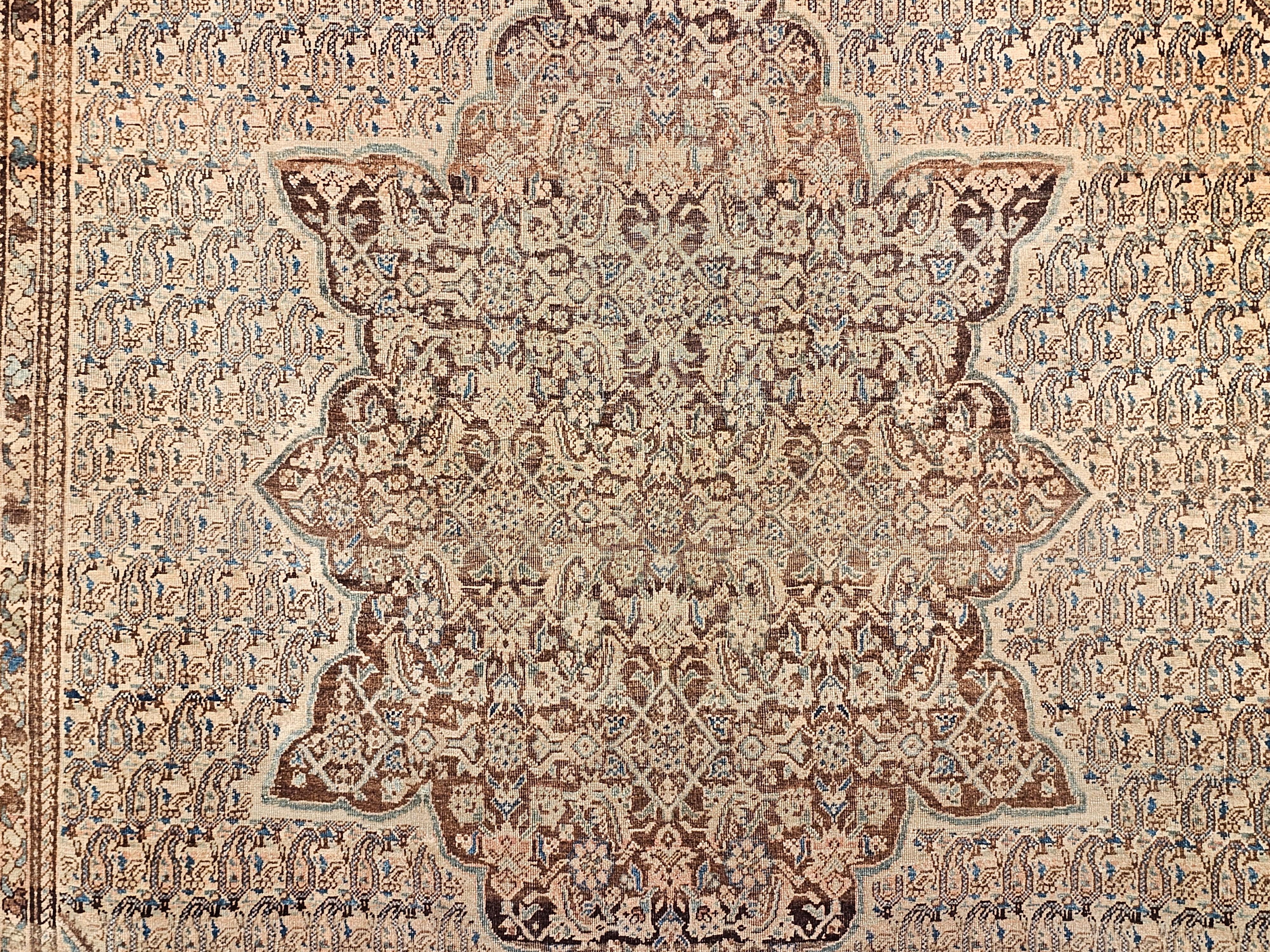 19th Century Persian Senneh in a Paisley Pattern in Chocolate and French Blue For Sale 4