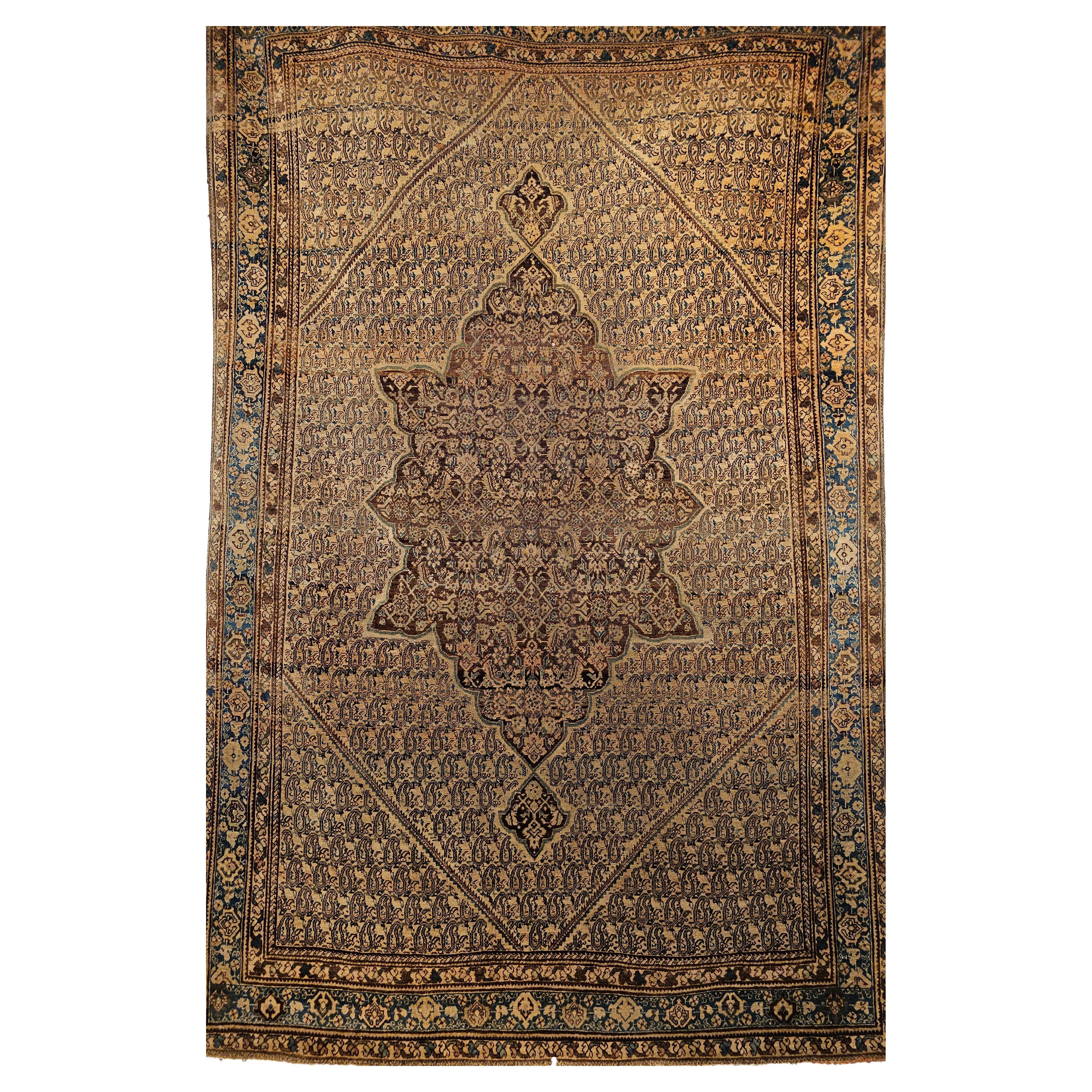 19th Century Persian Senneh in a Paisley Pattern in Chocolate and French Blue For Sale