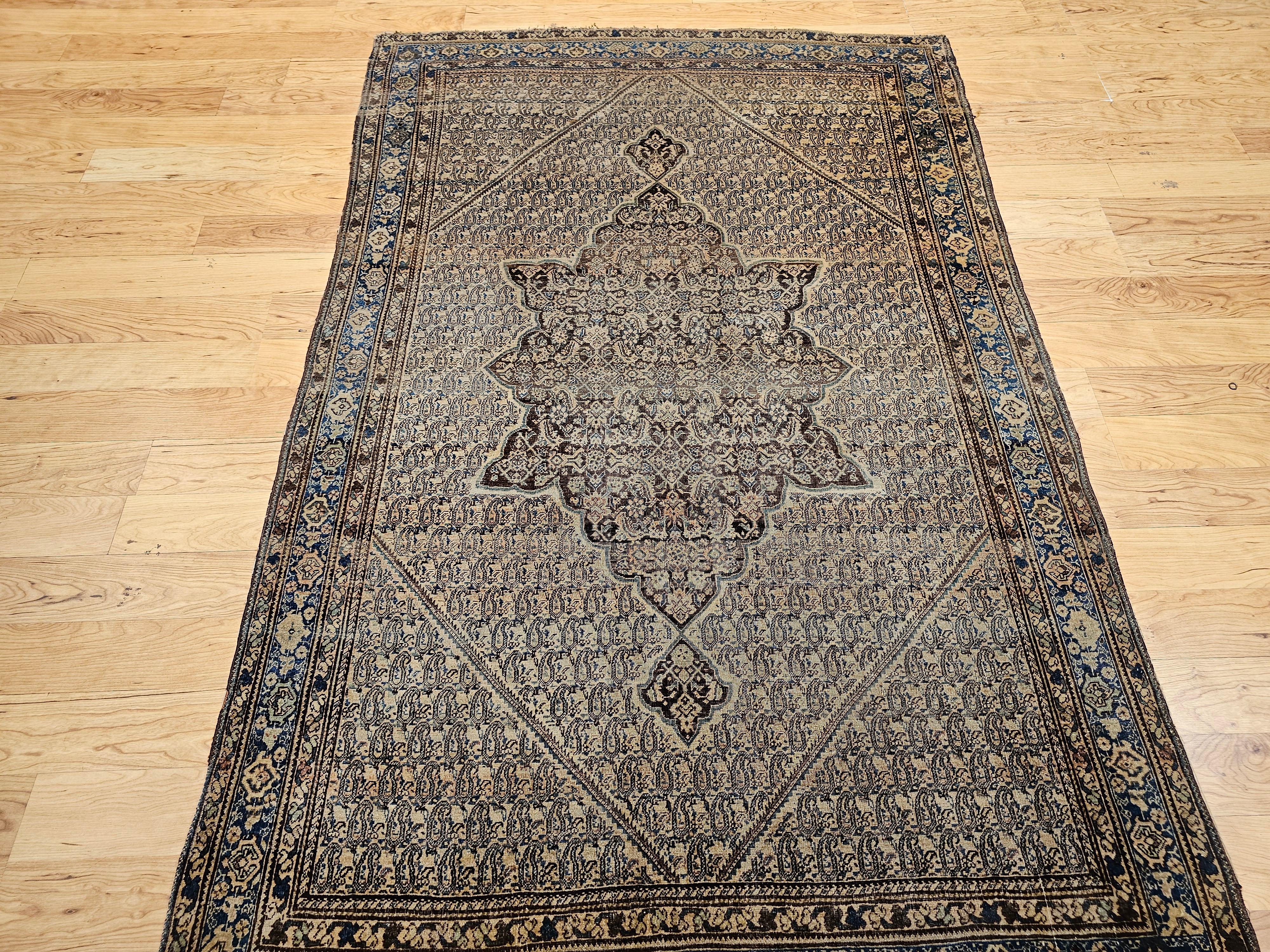 Tapis persan Senneh du 19e siècle à motif cachemire dans les tons latte pâle, marron chocolat et bleu français, très finement tissé dans un tissu à poils longs.  Village kurde dans l'ouest de la Perse vers le troisième quart des années 1800. Le
