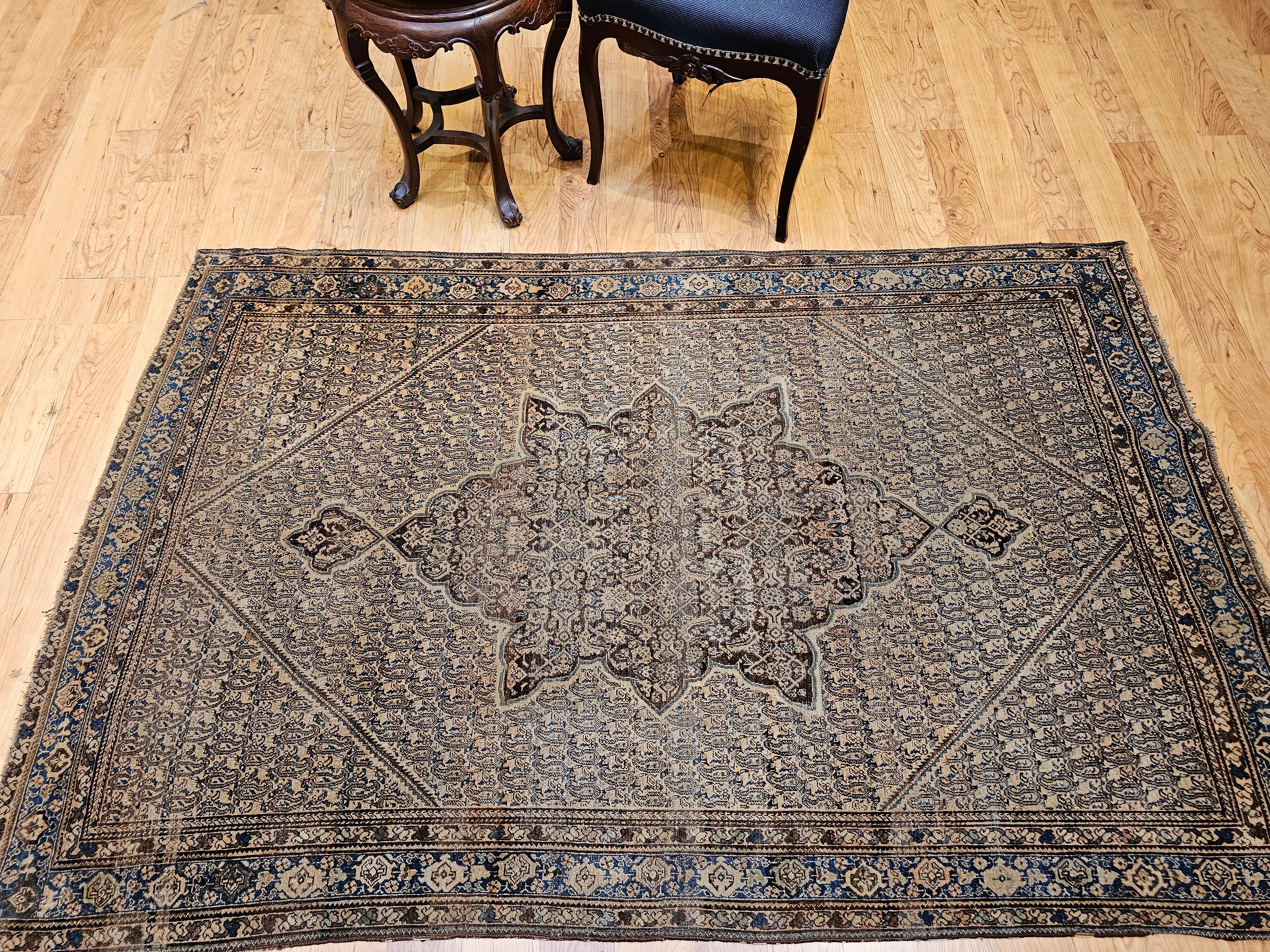 Senneh persan du 19ème siècle à motif Paisley en chocolat, Brown, French Blue en vente 12