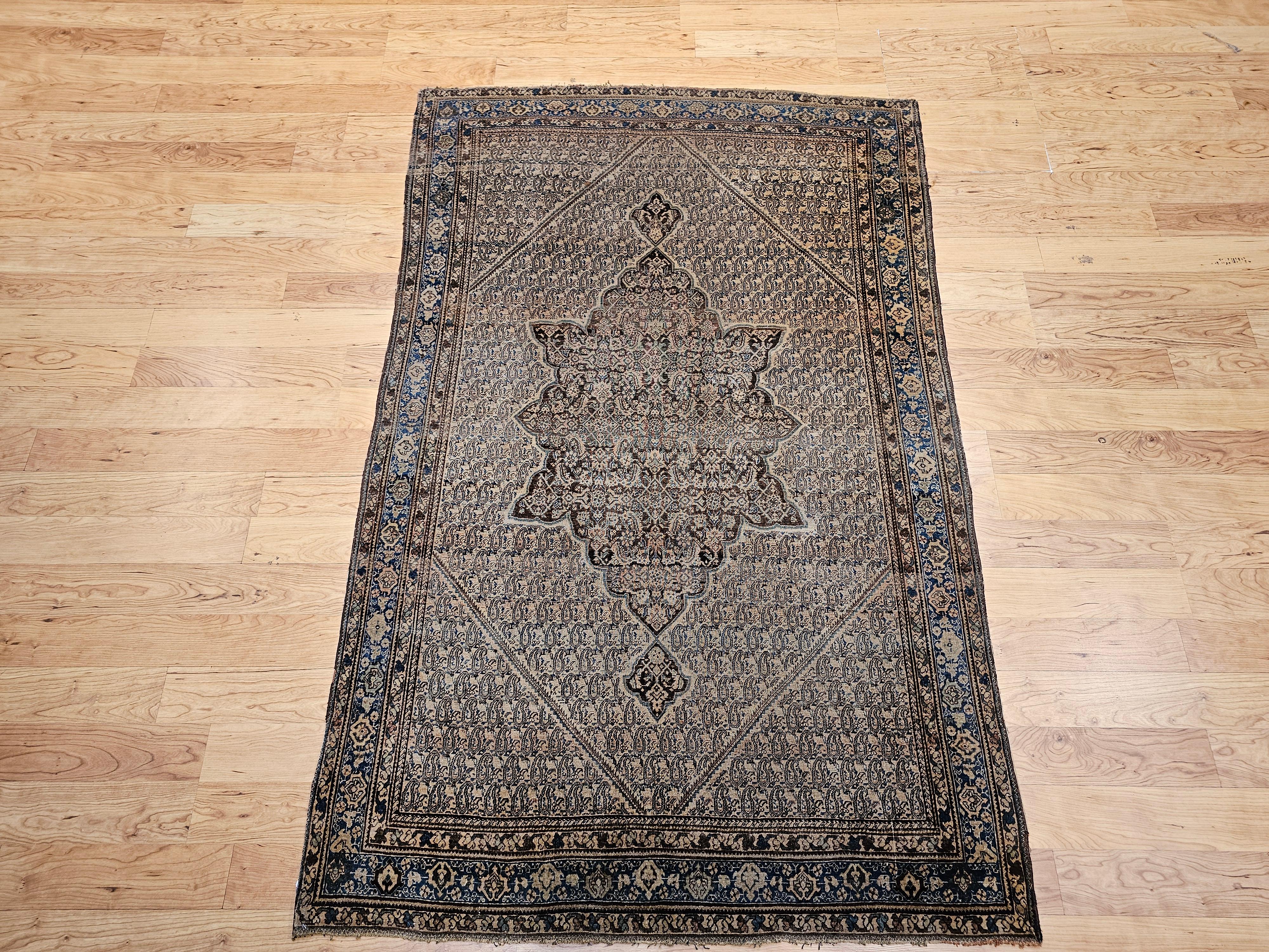 Senneh persan du 19ème siècle à motif Paisley en chocolat, Brown, French Blue en vente 13
