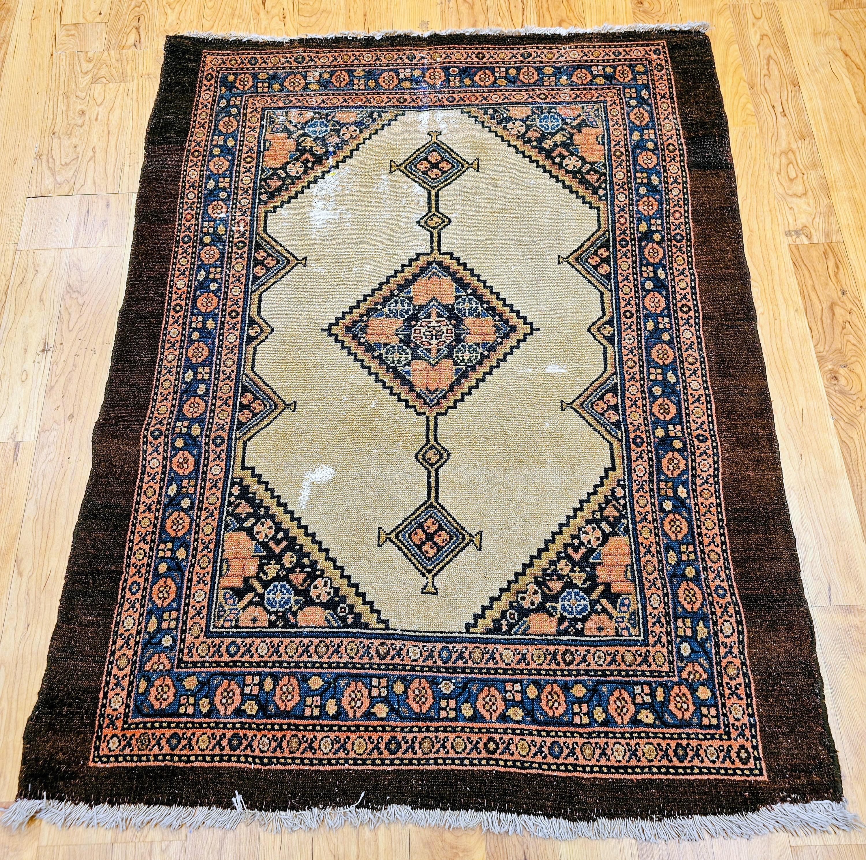 An exceptional 19th-century Persian Serab camelhair rug, woven in northwest Persia and notable for its rare near-square proportions. This masterpiece of understated elegance features a minimalist geometric design set in an open camel hair field,