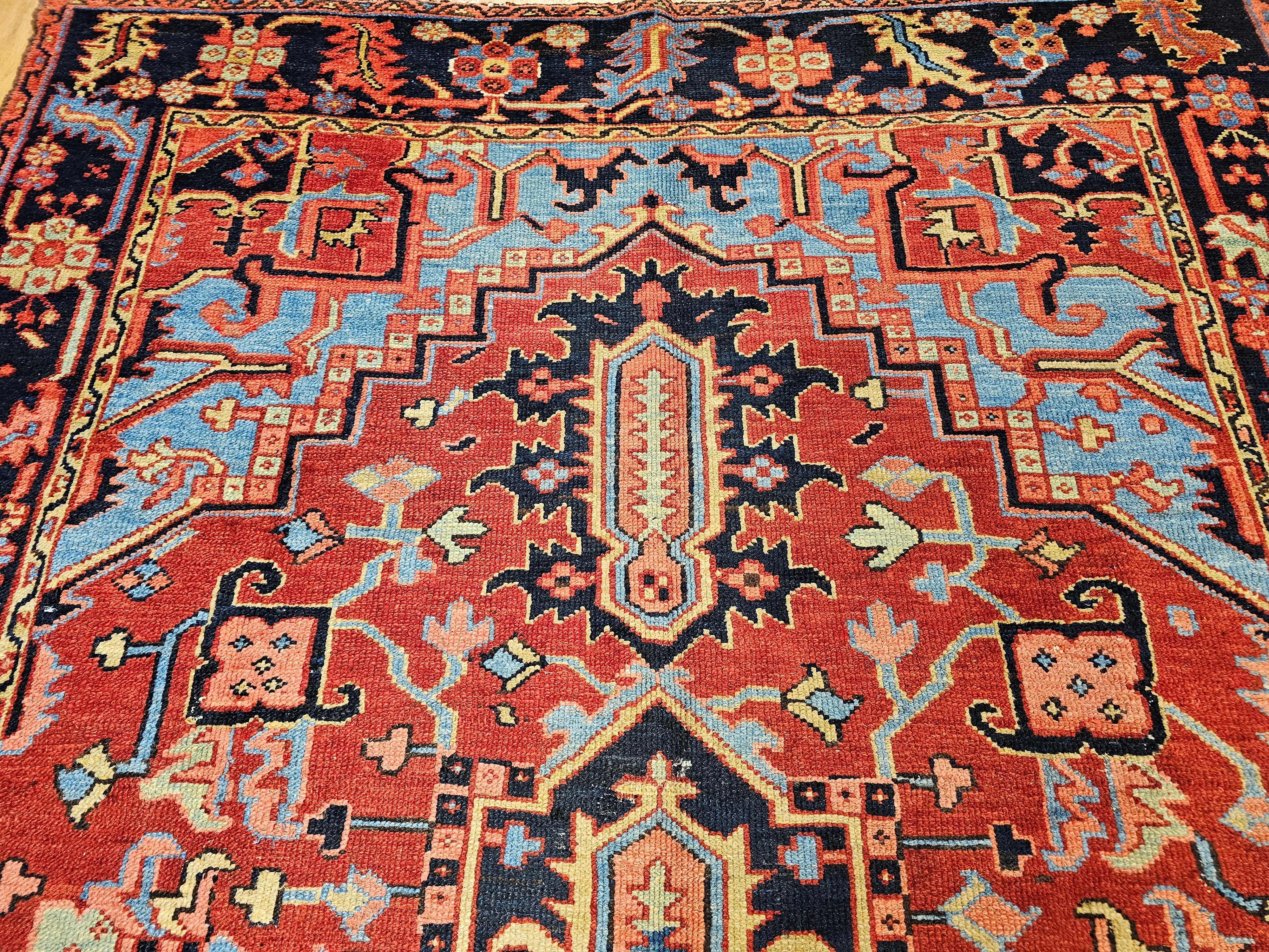 19th Century Persian Heriz Serapi in Turquoise, Navy, Yellow, Blue, Pink, Rust For Sale 5