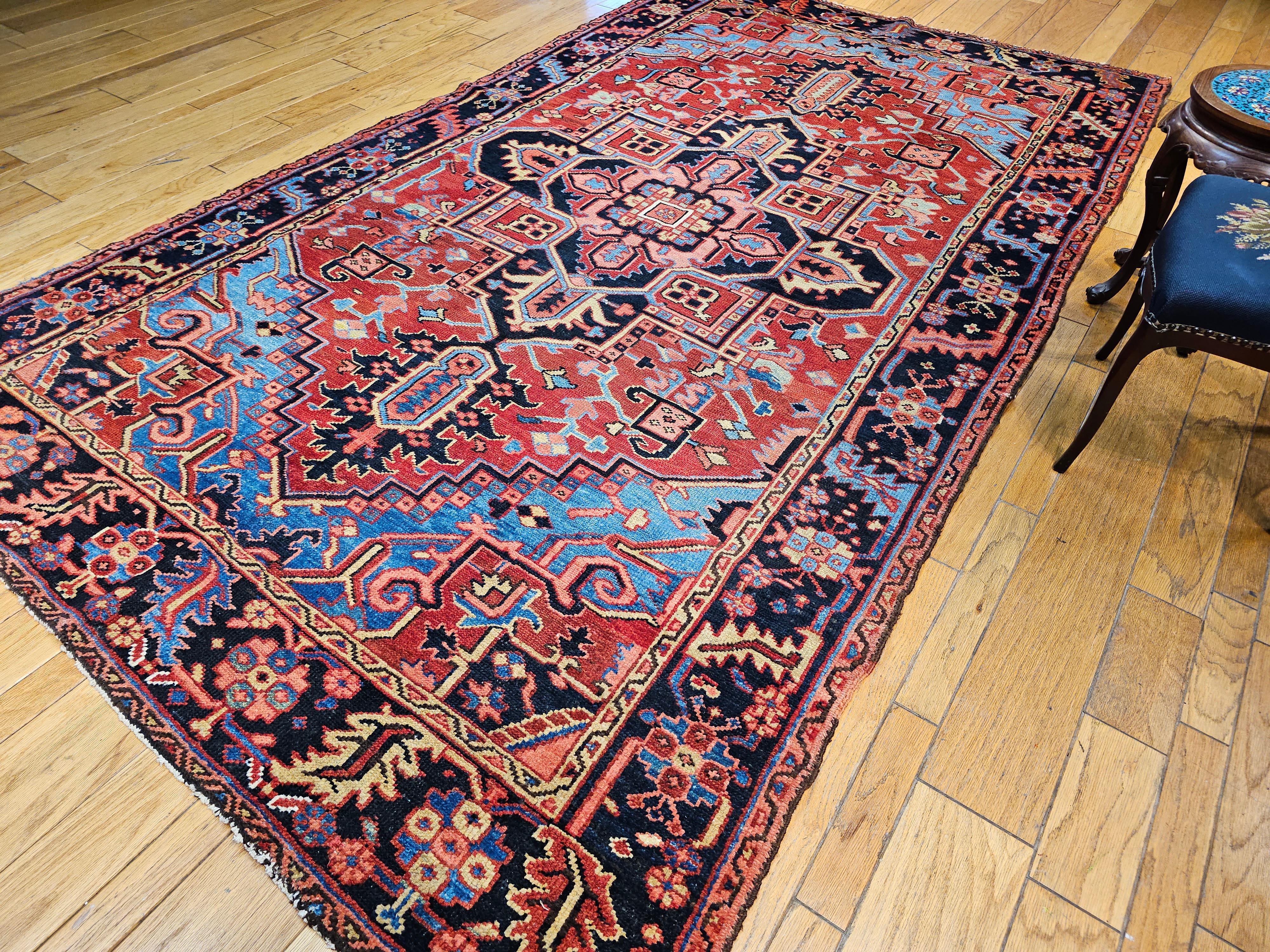 19th Century Persian Heriz Serapi in Turquoise, Navy, Yellow, Blue, Pink, Rust For Sale 7