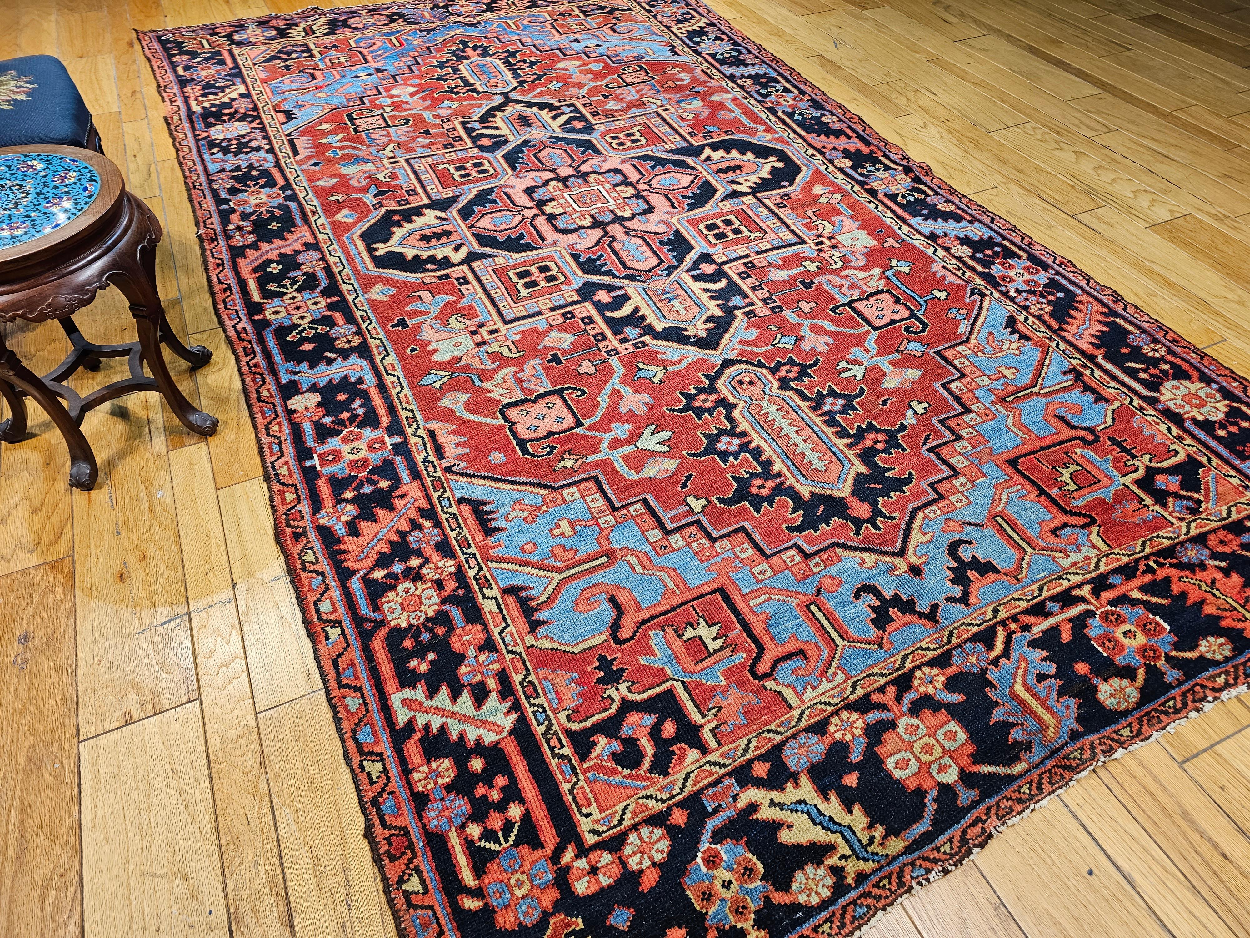 19th Century Persian Heriz Serapi in Turquoise, Navy, Yellow, Blue, Pink, Rust For Sale 9