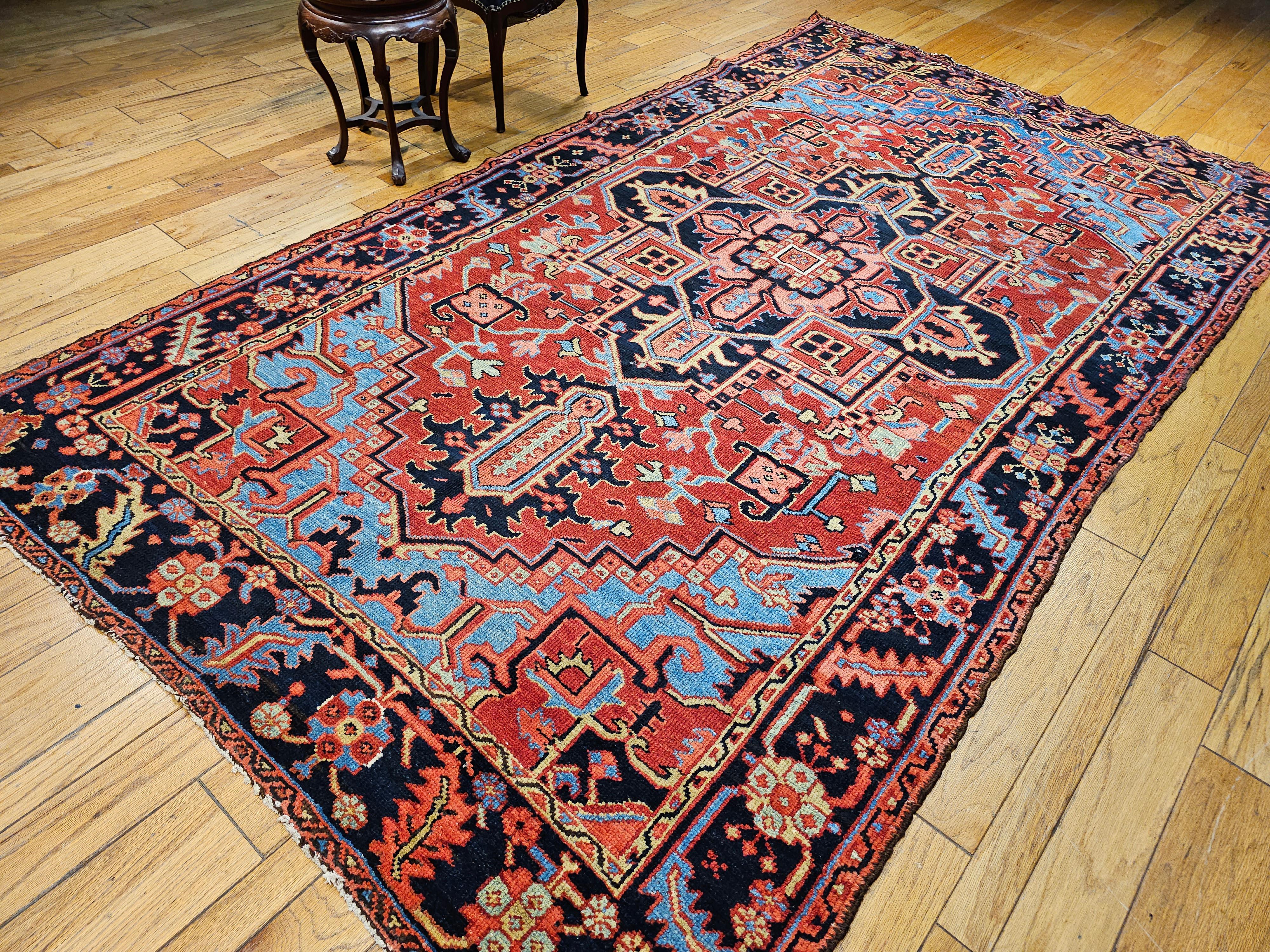 19th Century Persian Heriz Serapi in Turquoise, Navy, Yellow, Blue, Pink, Rust For Sale 10