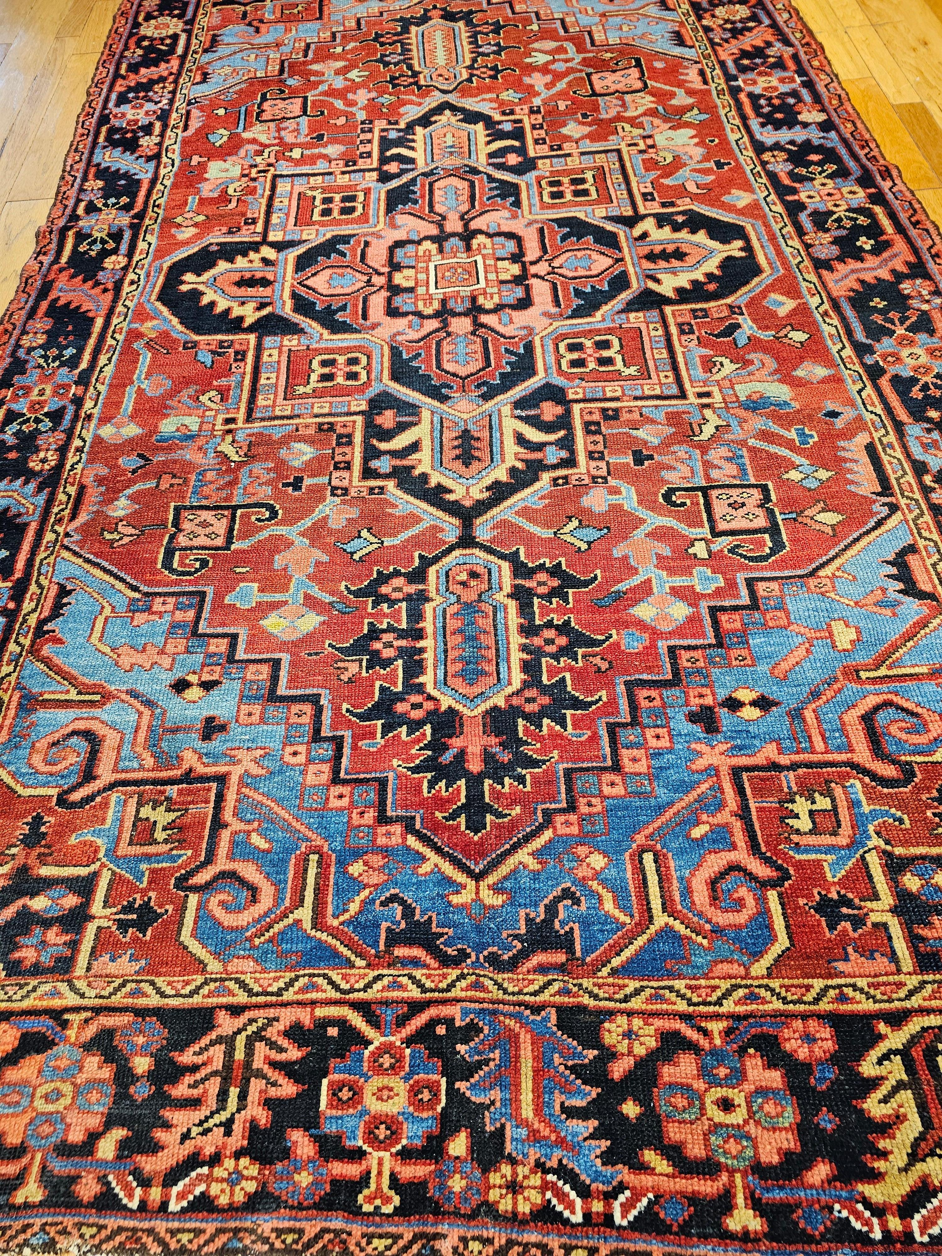 19th Century Persian Heriz Serapi in Turquoise, Navy, Yellow, Blue, Pink, Rust For Sale 11