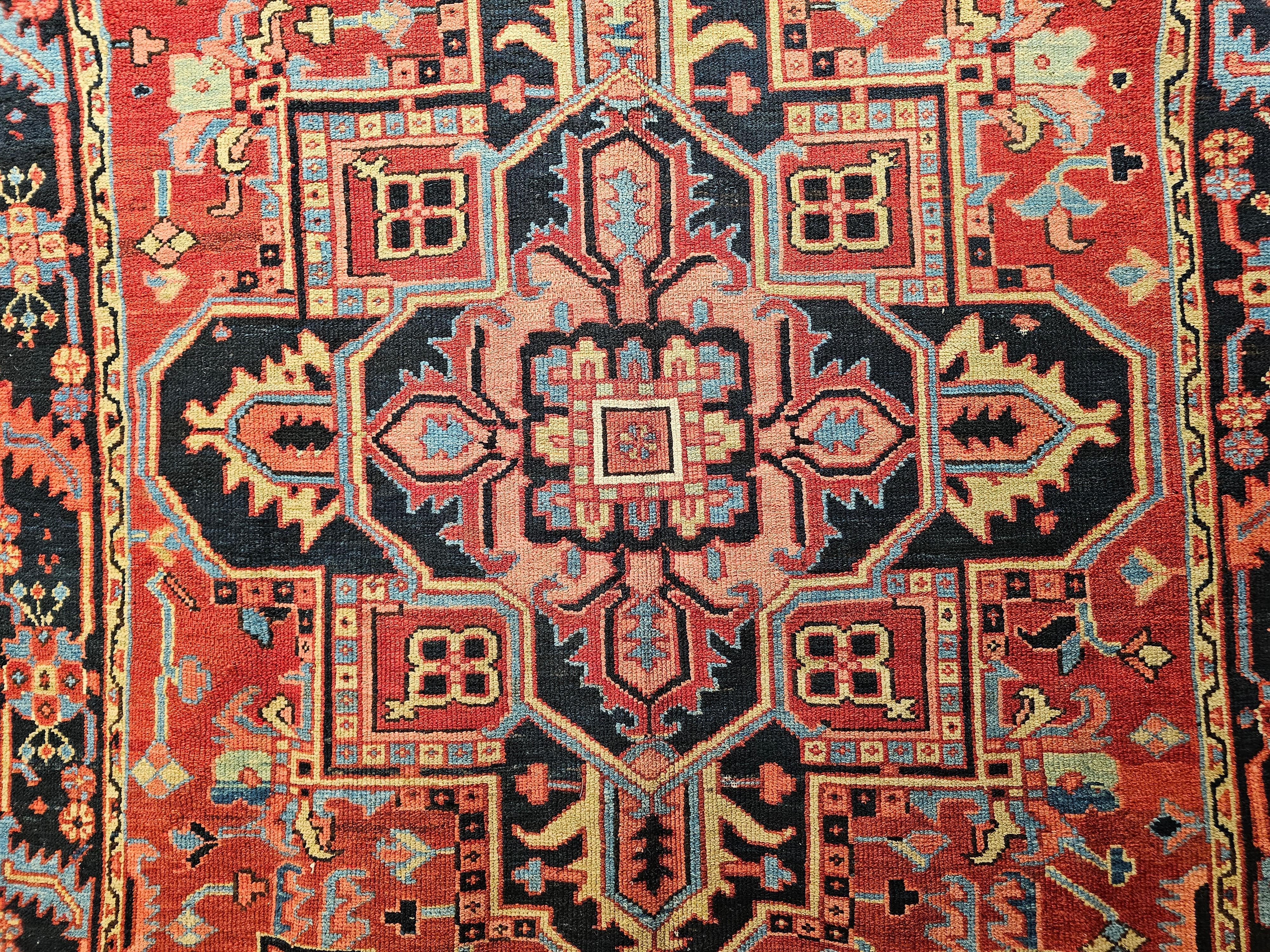Wool 19th Century Persian Heriz Serapi in Turquoise, Navy, Yellow, Blue, Pink, Rust For Sale