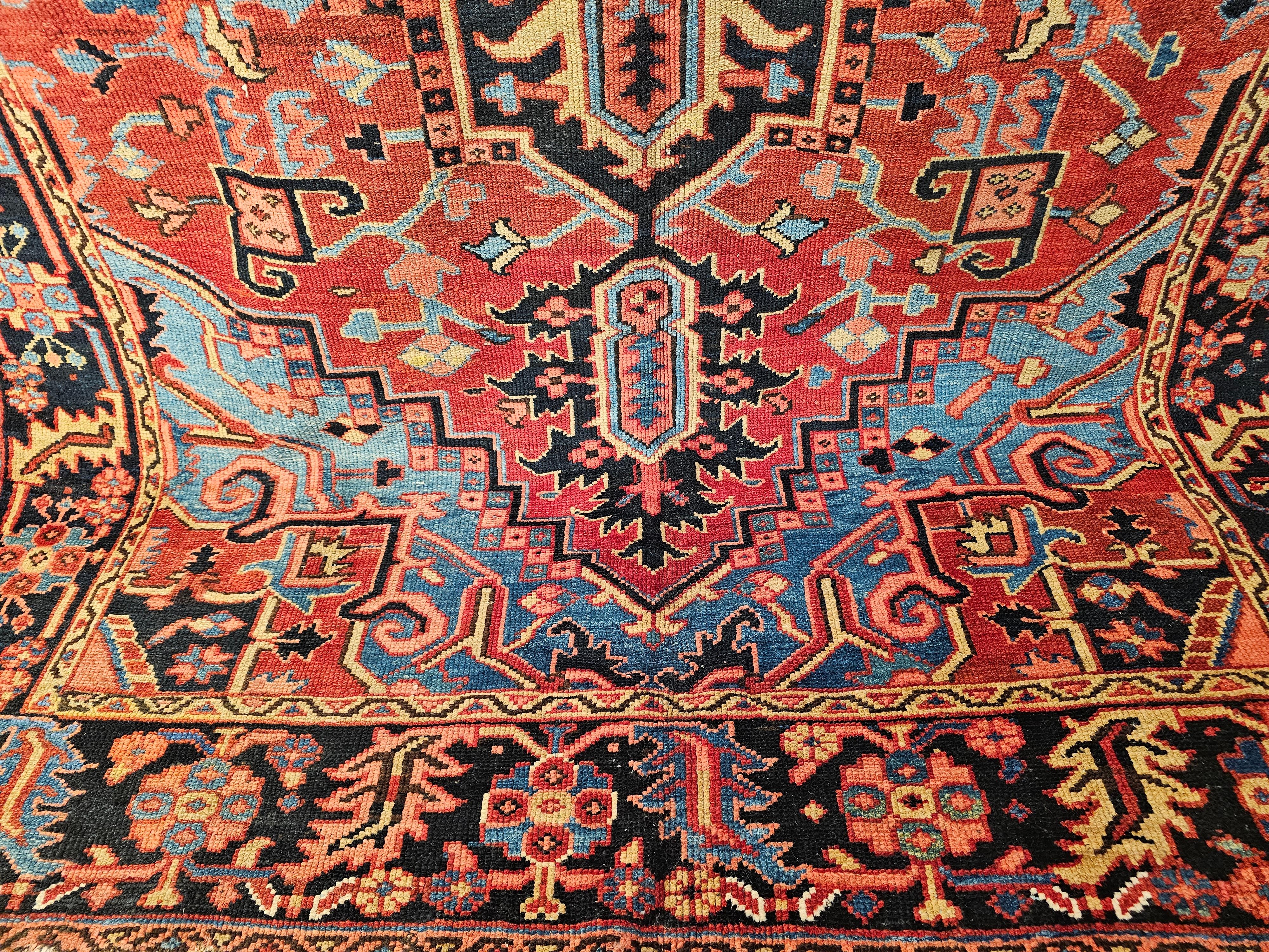 19th Century Persian Heriz Serapi in Turquoise, Navy, Yellow, Blue, Pink, Rust For Sale 1