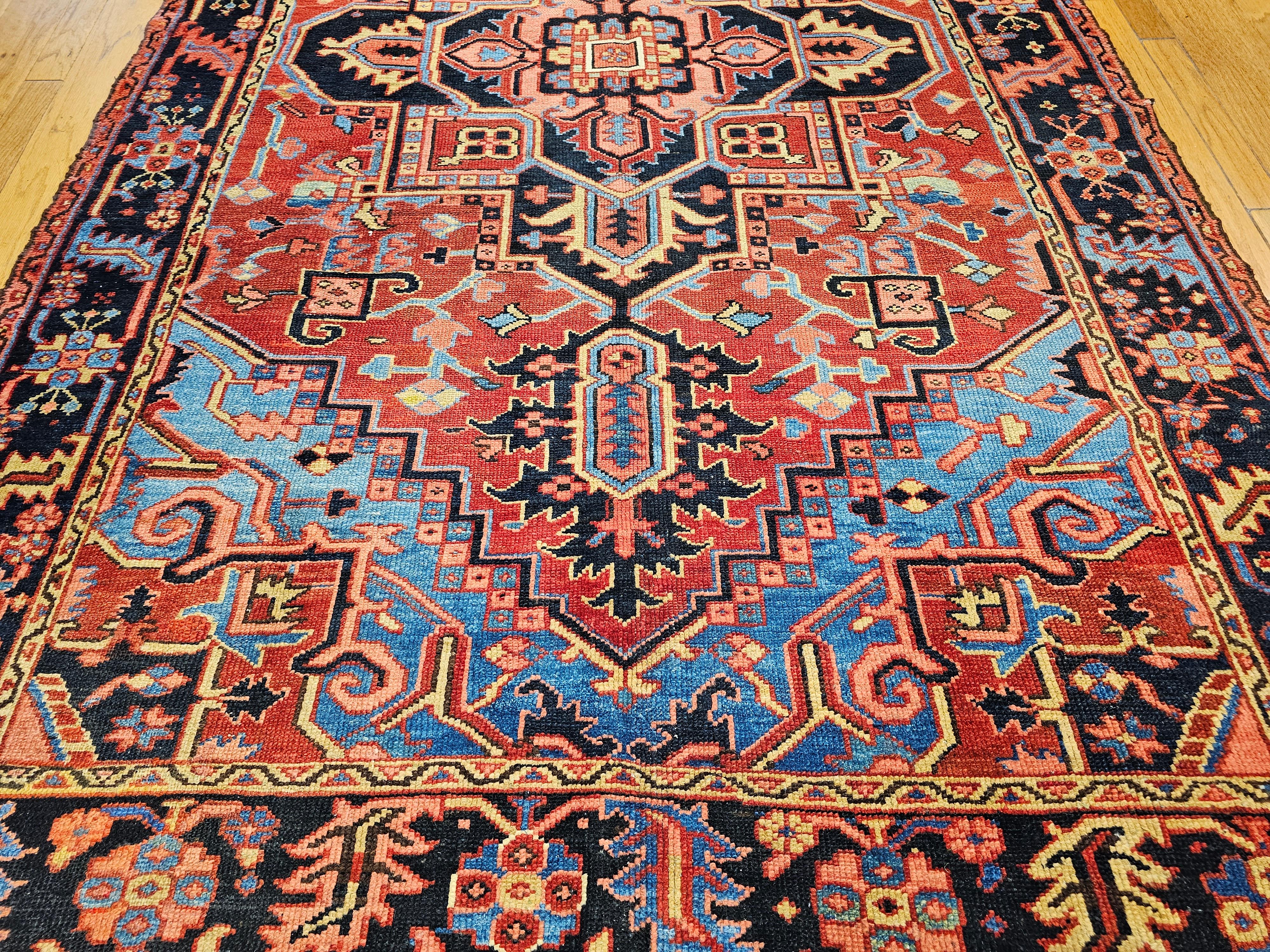 19th Century Persian Heriz Serapi in Turquoise, Navy, Yellow, Blue, Pink, Rust For Sale 3