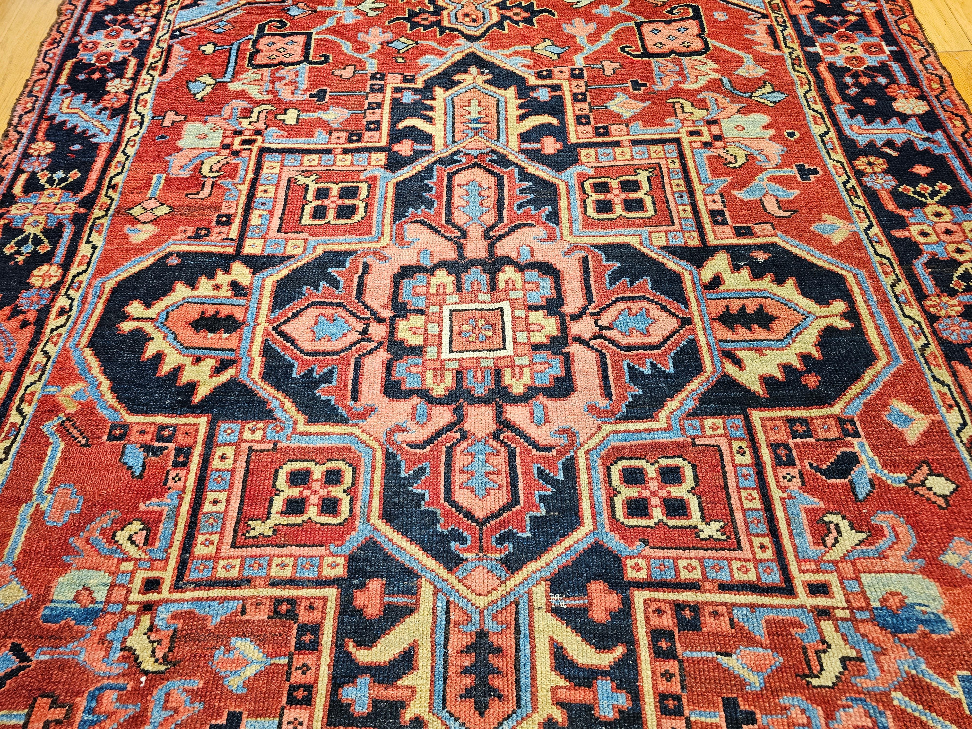19th Century Persian Heriz Serapi in Turquoise, Navy, Yellow, Blue, Pink, Rust For Sale 4