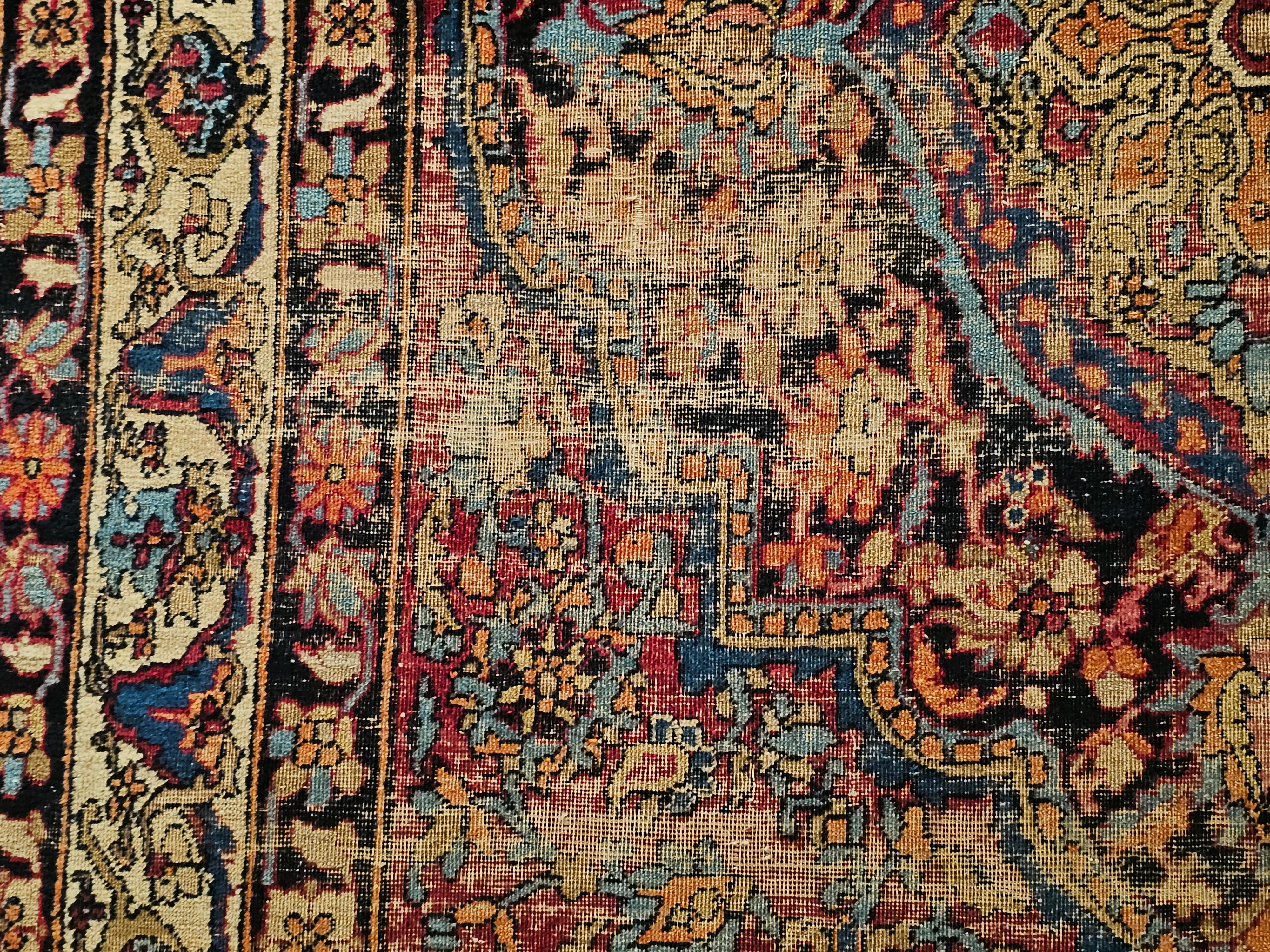 Antique 19th Century Persian Silk Kashan Rug with Floral Motifs in Red, Blue For Sale 5