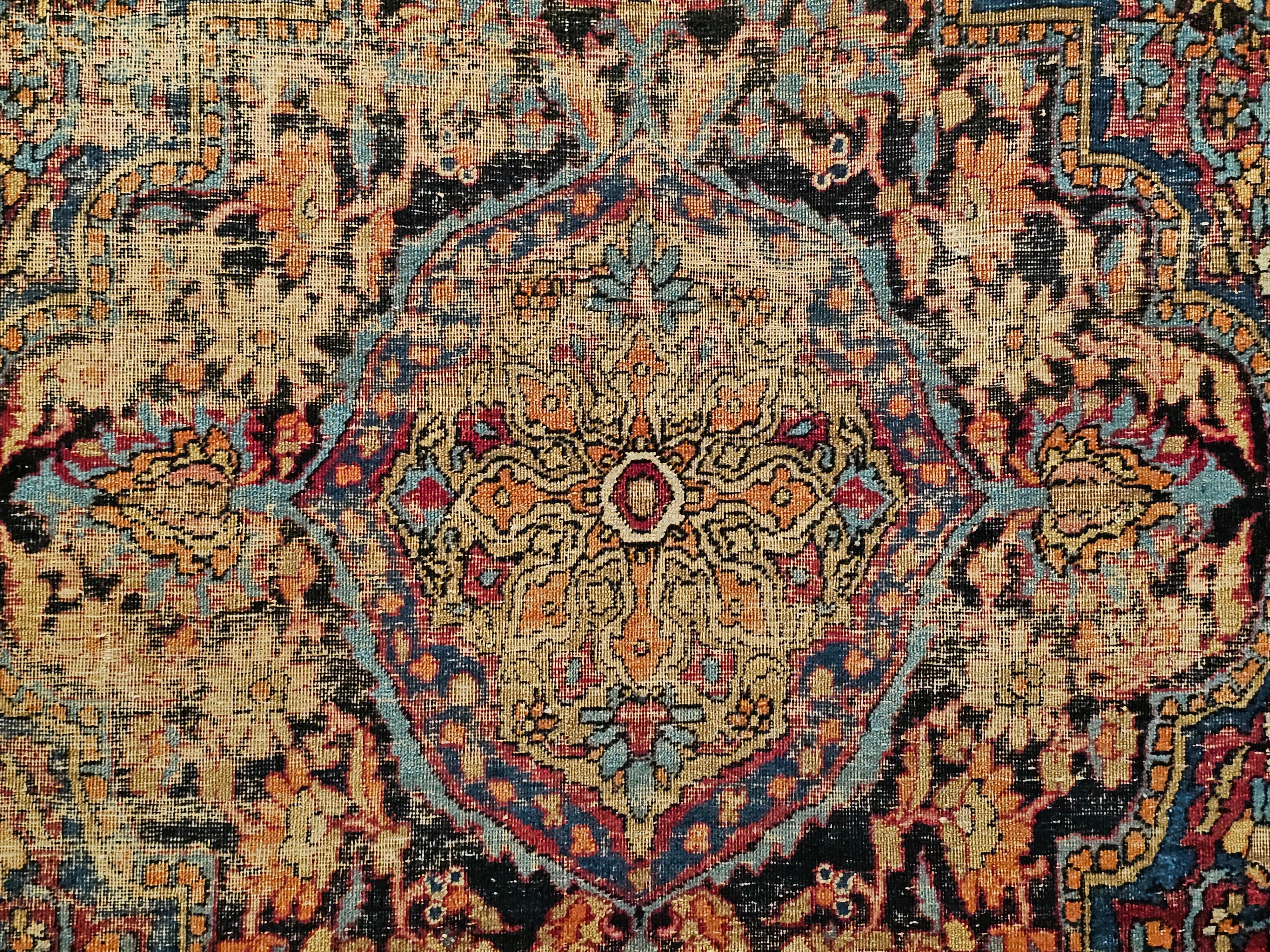 Antique 19th Century Persian Silk Kashan Rug with Floral Motifs in Red, Blue For Sale 6