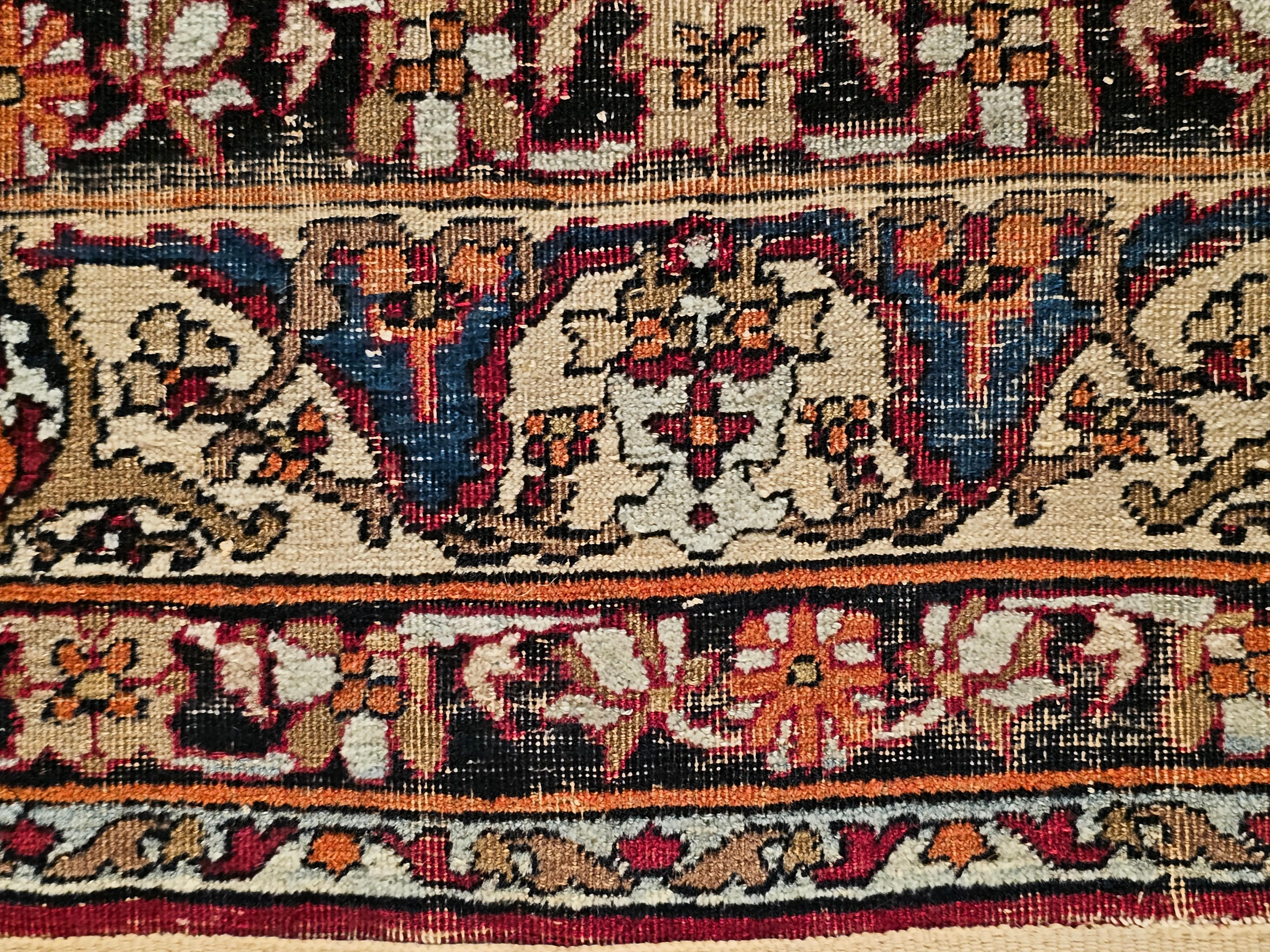 Antique 19th Century Persian Silk Kashan Rug with Floral Motifs in Red, Blue For Sale 7