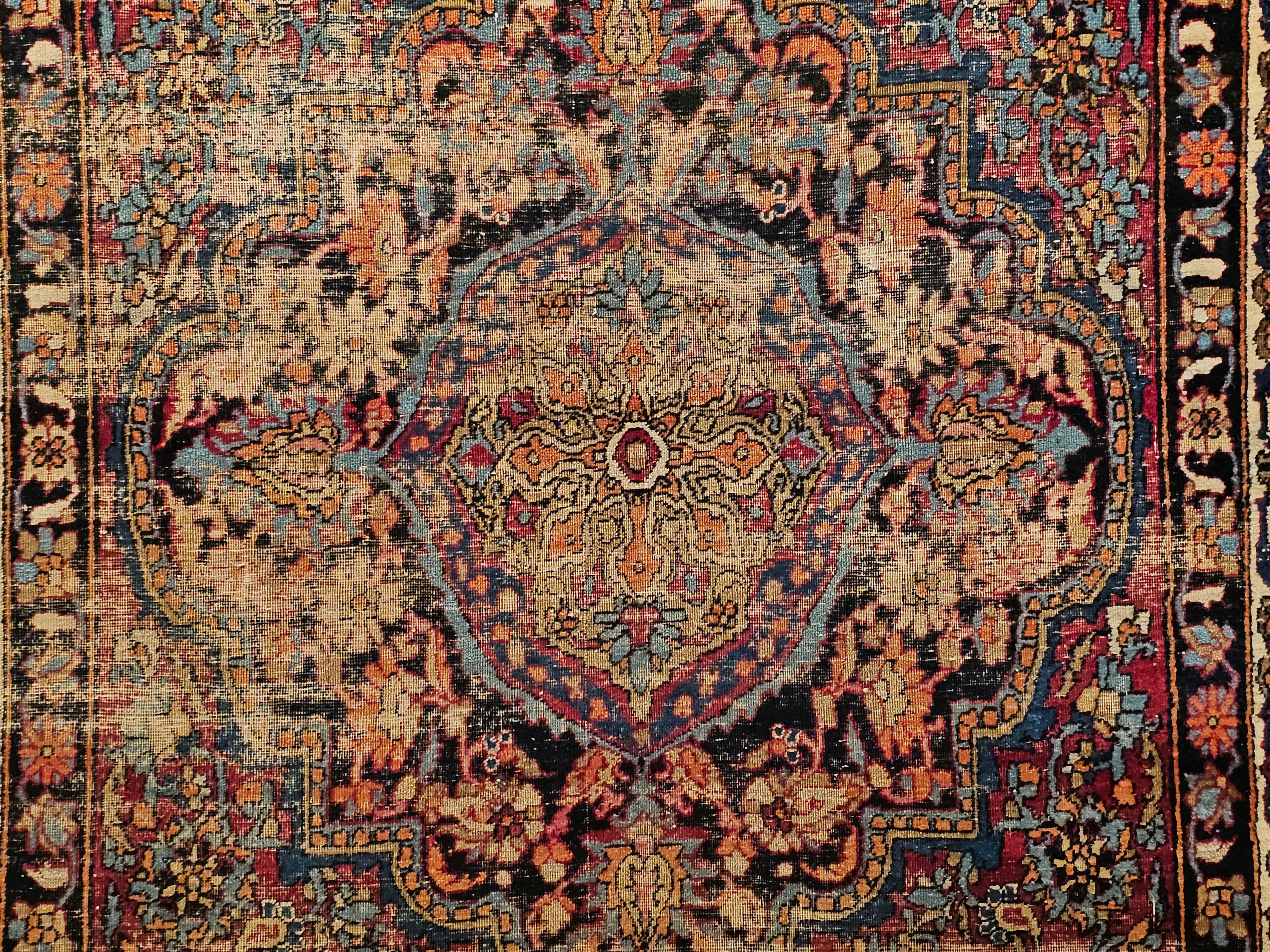 Hand-Knotted 19th Century Persian Silk Kashan in Red, Ivory, French Blue, Baby Blue, Navy For Sale