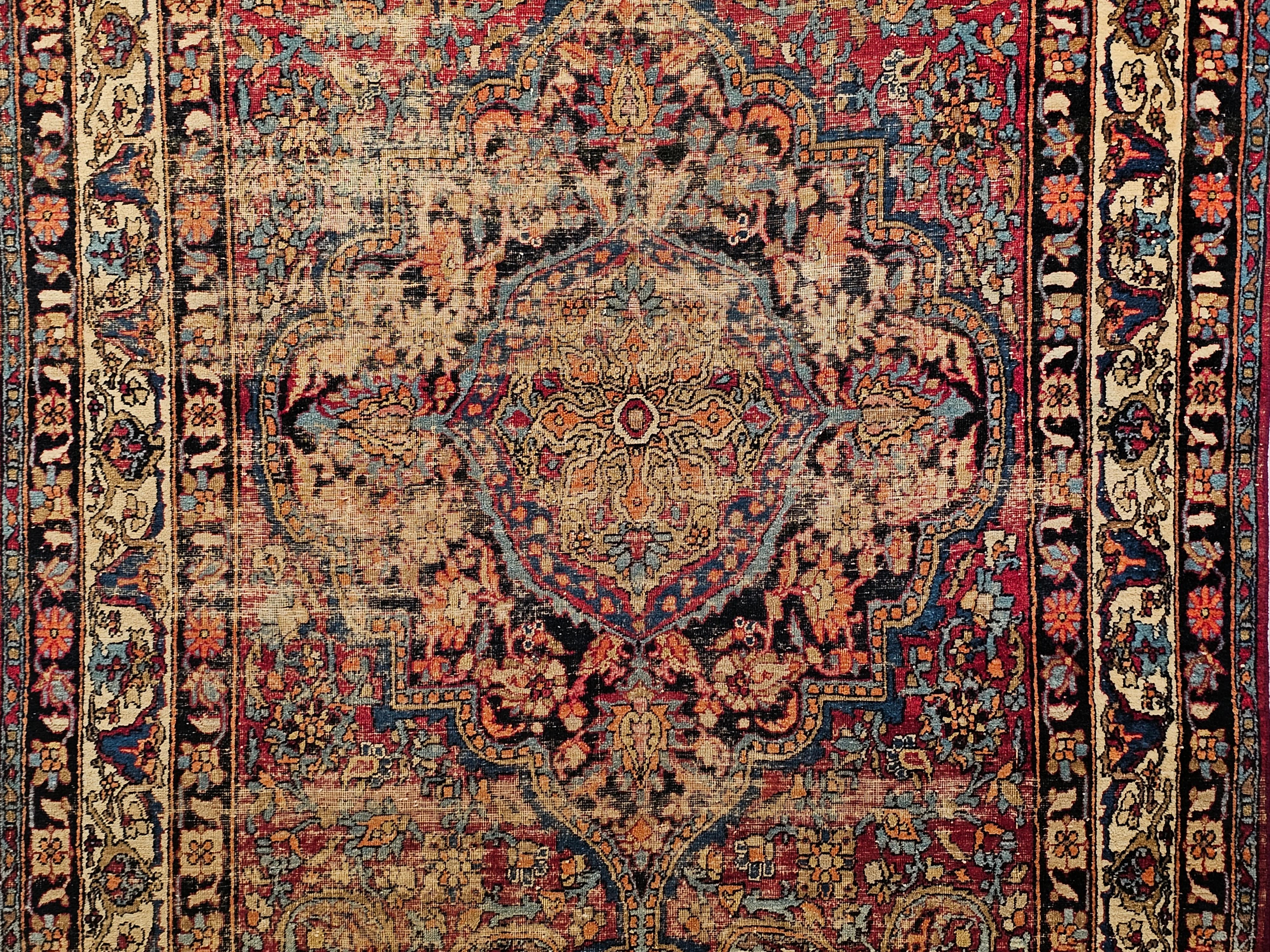 19th Century Persian Silk Kashan in Red, Ivory, French Blue, Baby Blue, Navy In Good Condition For Sale In Barrington, IL
