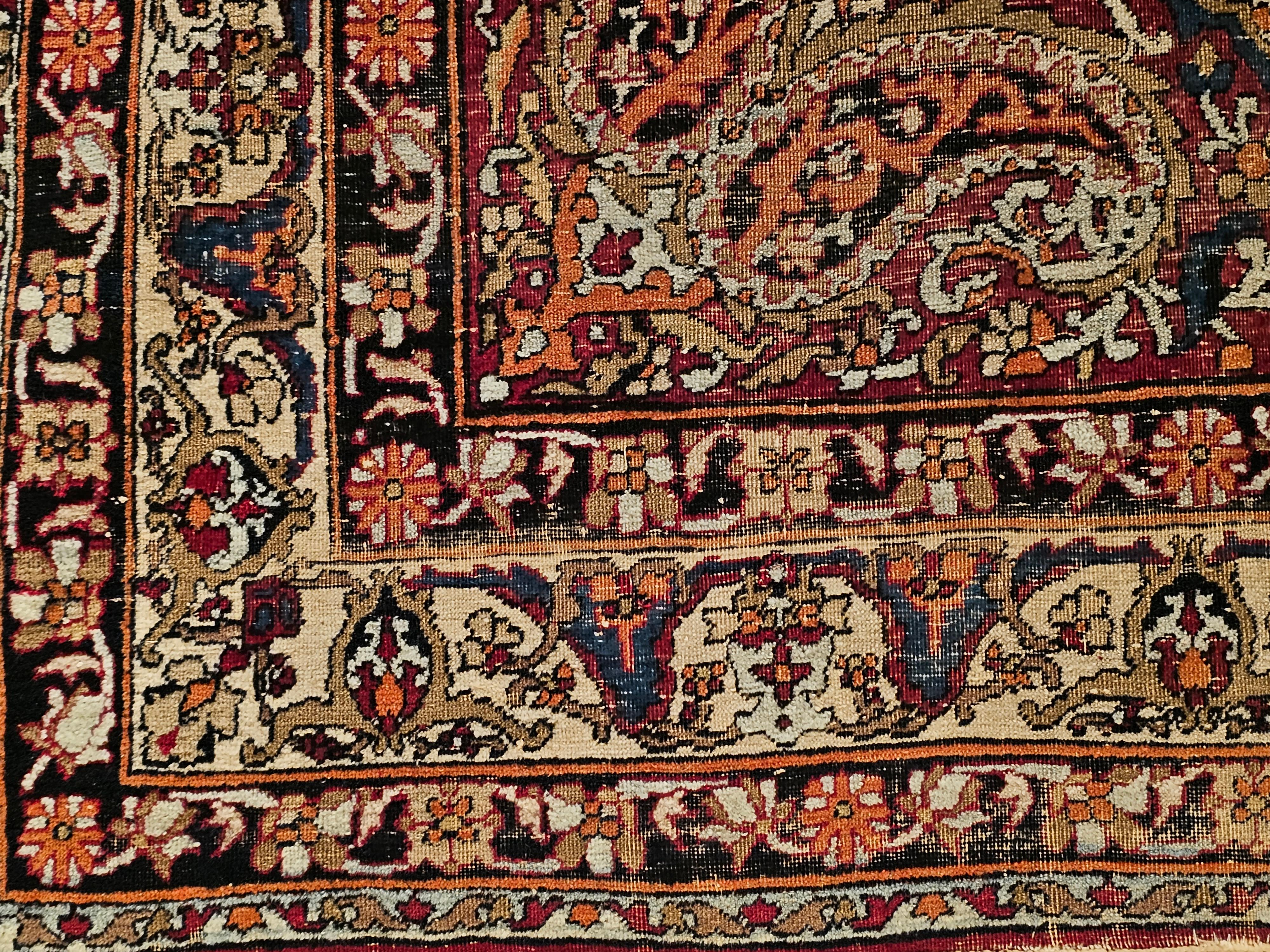 Antique 19th Century Persian Silk Kashan Rug with Floral Motifs in Red, Blue For Sale 2
