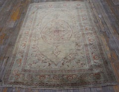 1880s Traditional Beige Background Antique Medallion Handknotted Silk Carpet Rug
