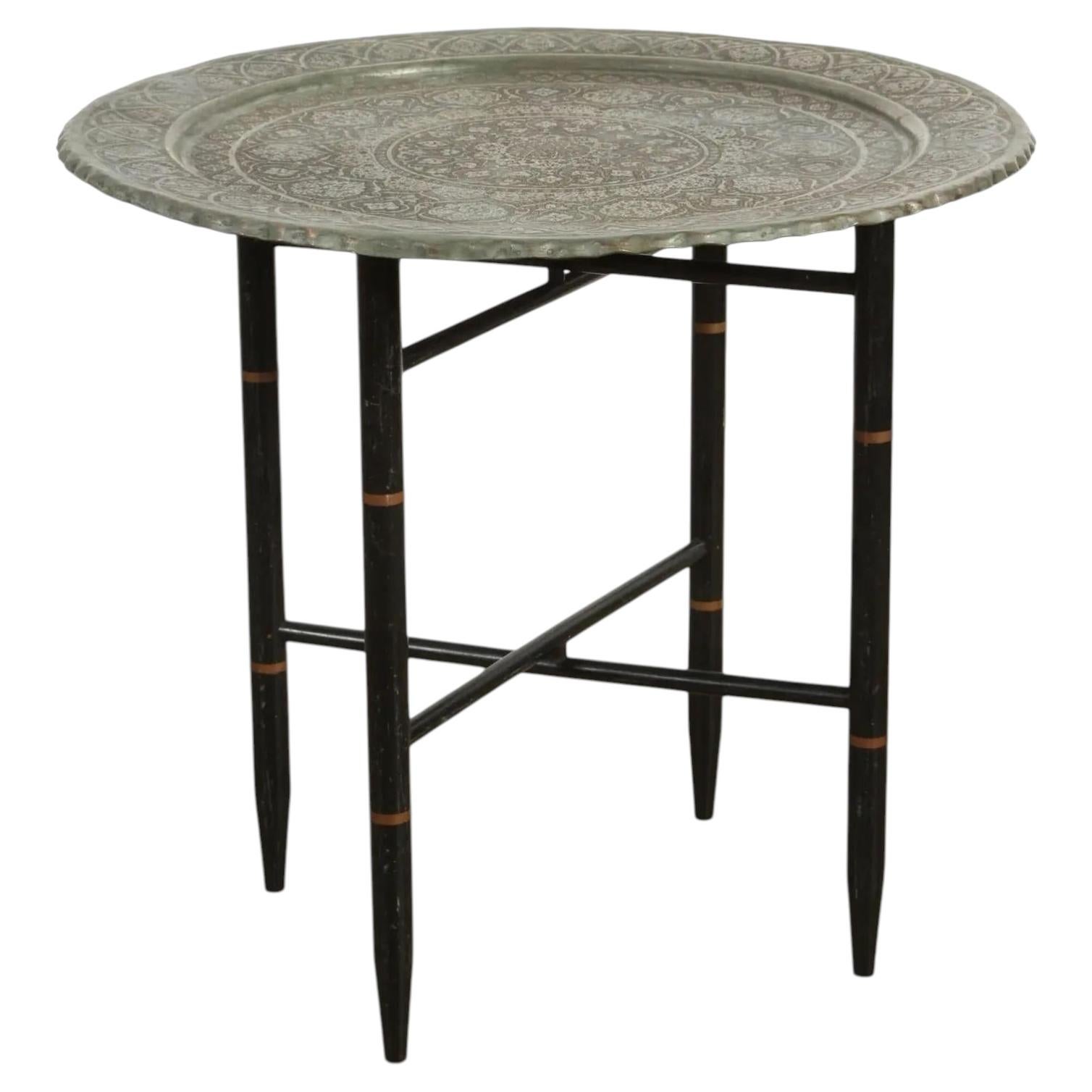 Antique Persian Qajar Tinned Copper Engraved Tray Table