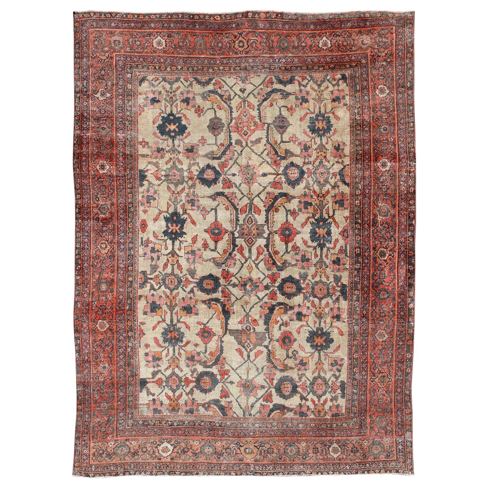19th Century Persian Sultanabad Rug with All-Over Pattern in Ivory Background