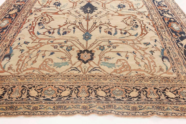 19th Century Persian Tabriz Cream, Brown, Gray and Black Handwoven Wool