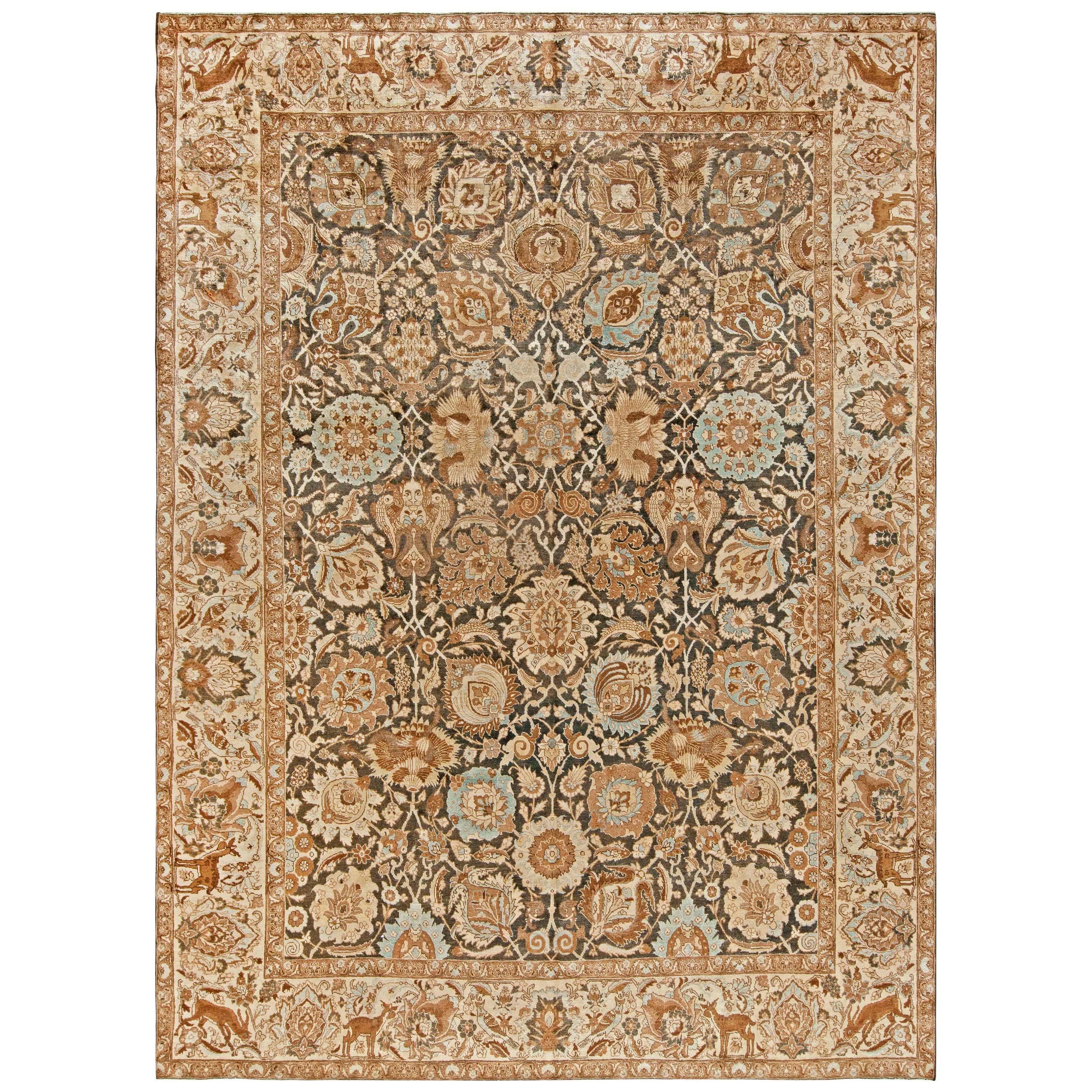19th Century Persian Tabriz Dark Brown, Beige and Blue Handwoven Wool Rug For Sale at 1stdibs