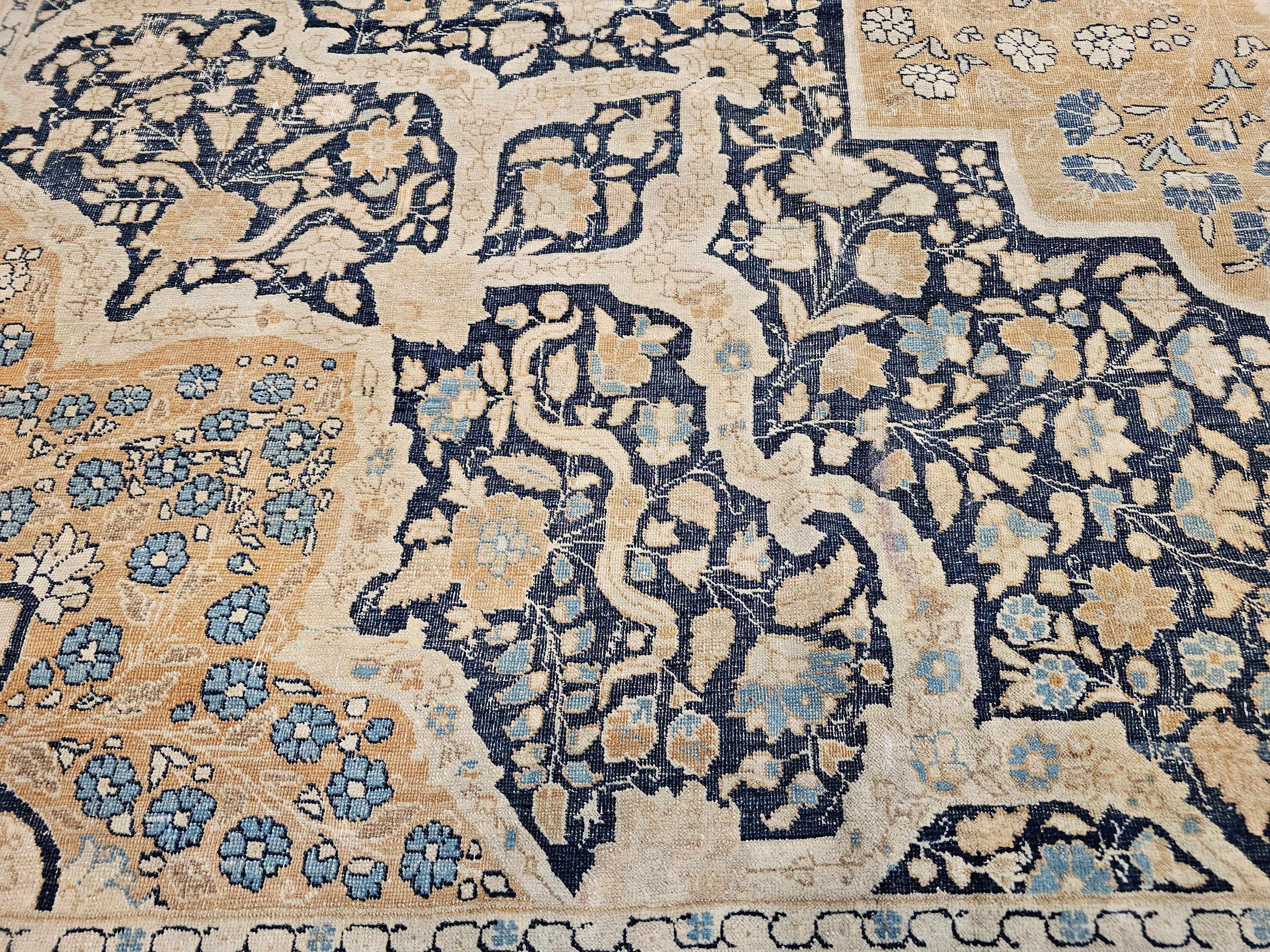 19th Century Persian Tabriz Haji Jalili Carpet in Navy, tan, Pale Red, Baby Blue For Sale 6