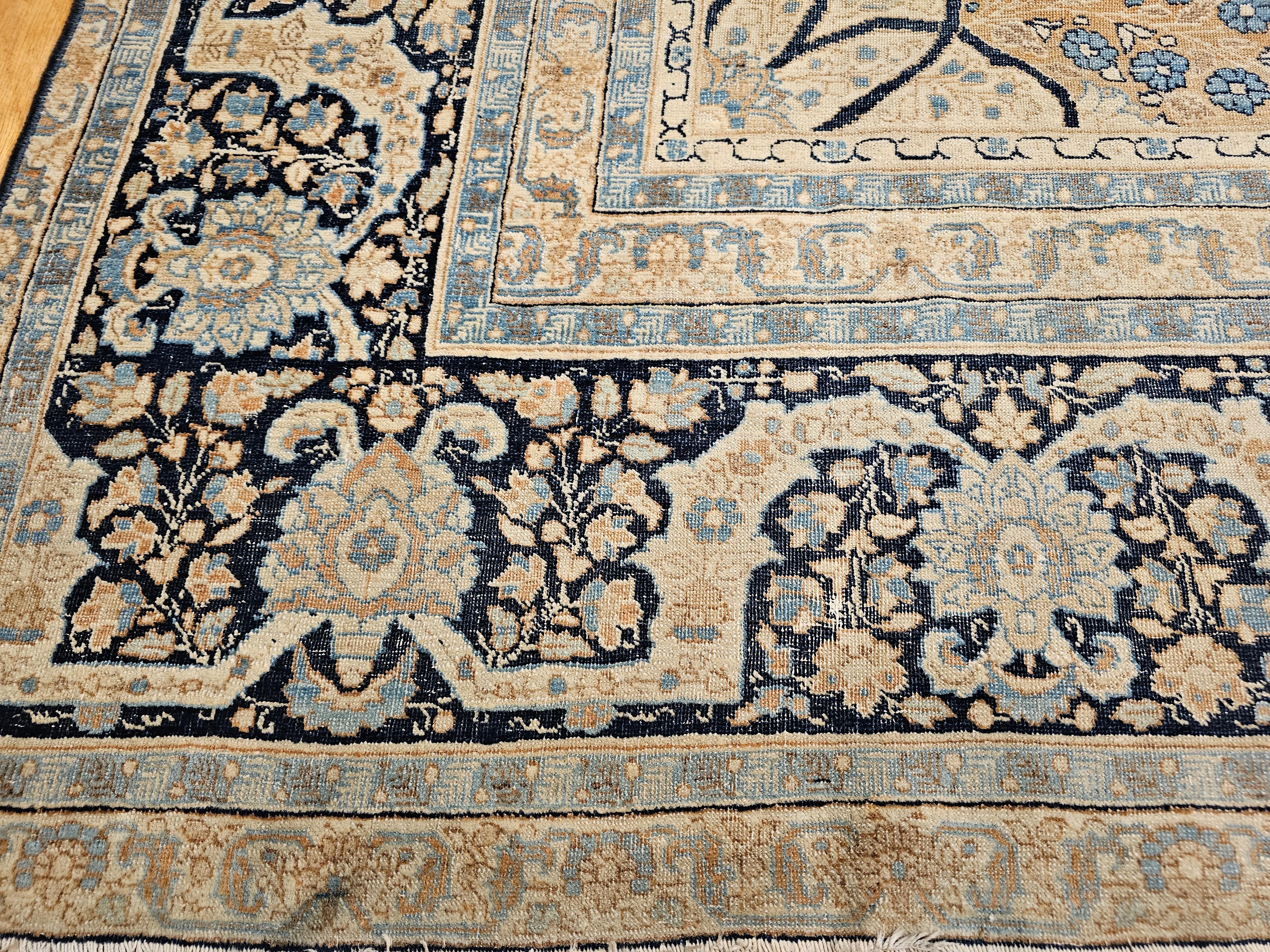 19th Century Persian Tabriz Haji Jalili Carpet in Navy, tan, Pale Red, Baby Blue For Sale 7