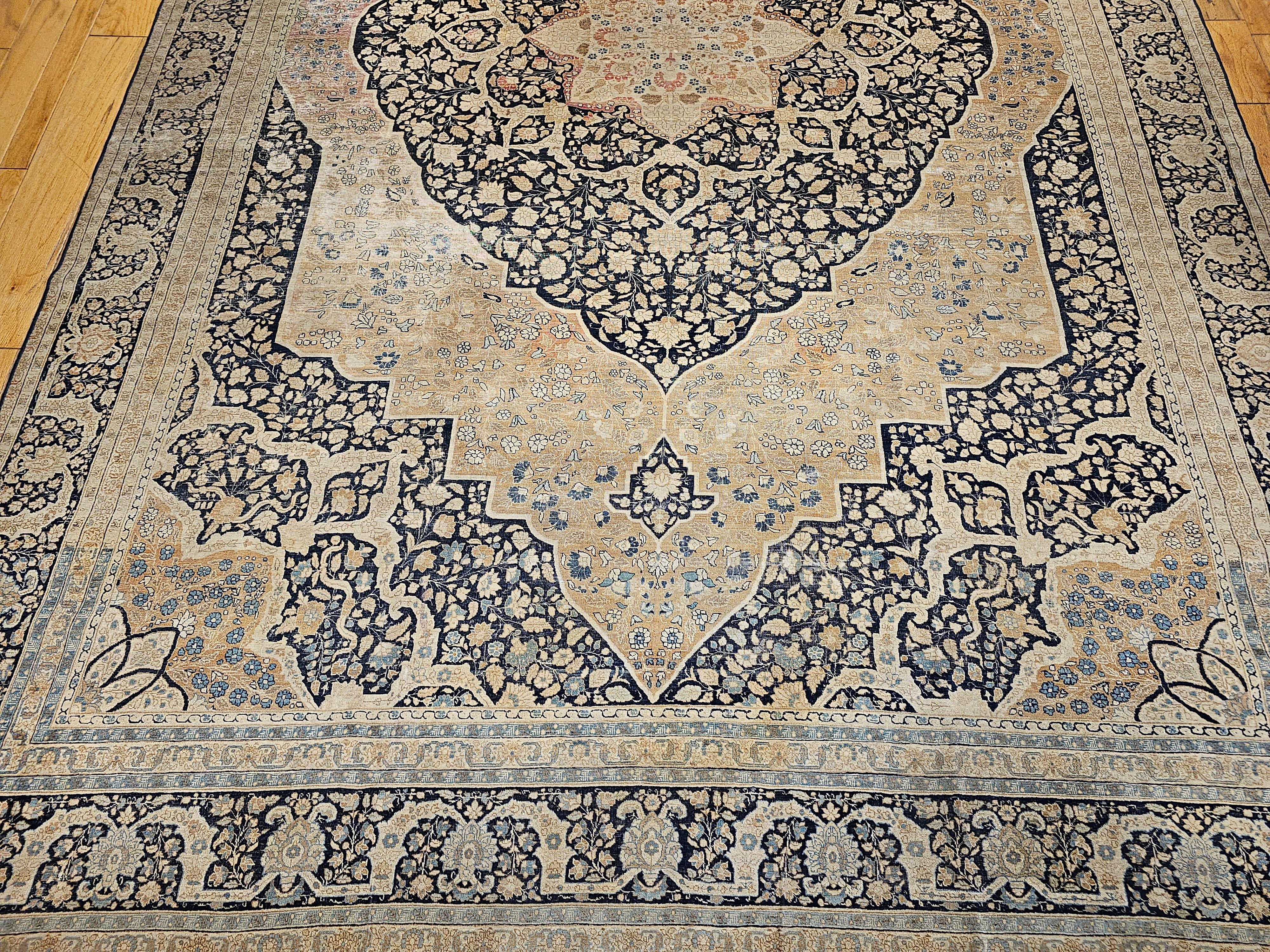 Hand-Knotted 19th Century Persian Tabriz Haji Jalili Carpet in Navy, tan, Pale Red, Baby Blue For Sale