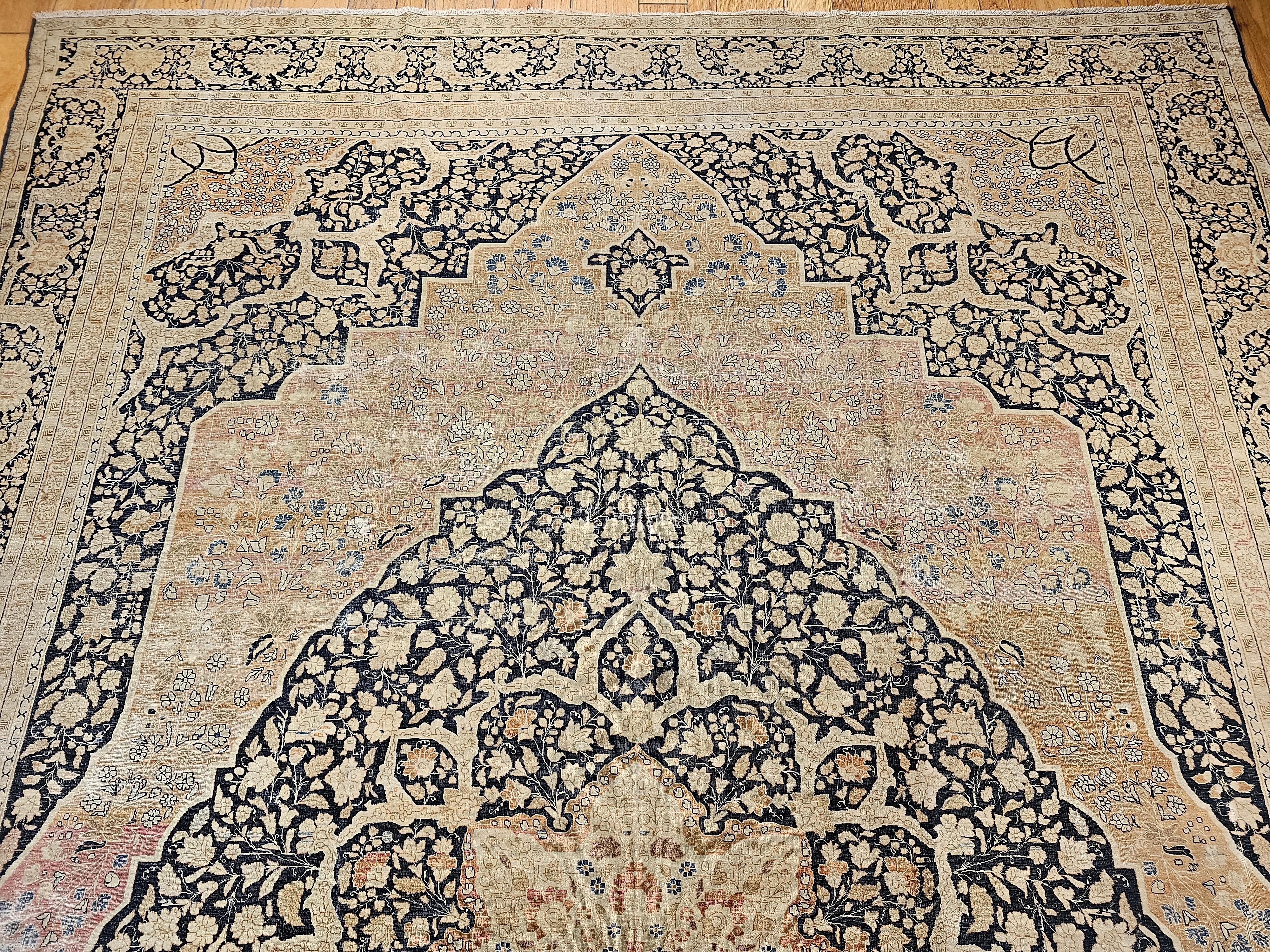 Wool 19th Century Persian Tabriz Haji Jalili Carpet in Navy, tan, Pale Red, Baby Blue For Sale