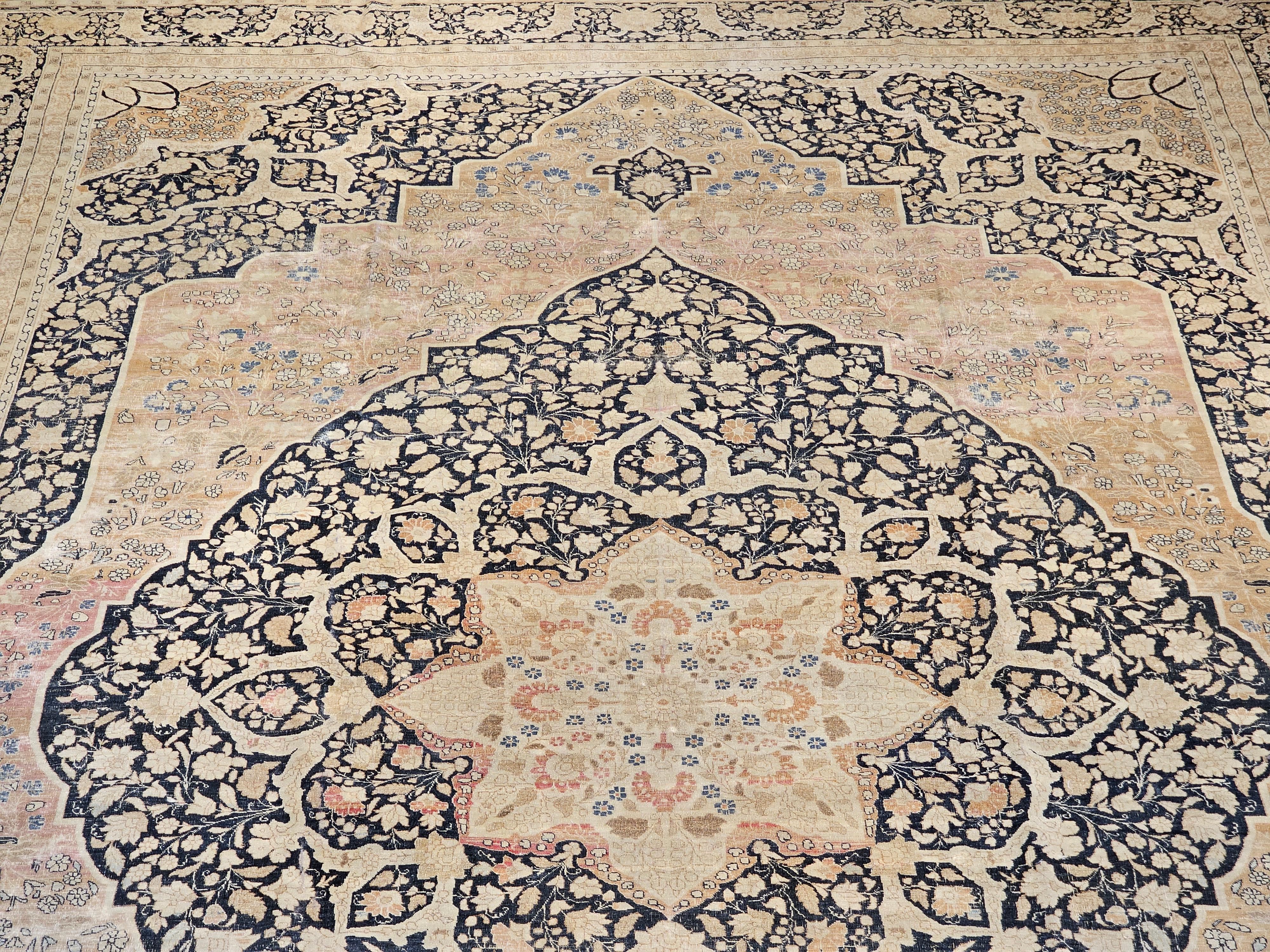 19th Century Persian Tabriz Haji Jalili Carpet in Navy, tan, Pale Red, Baby Blue For Sale 1