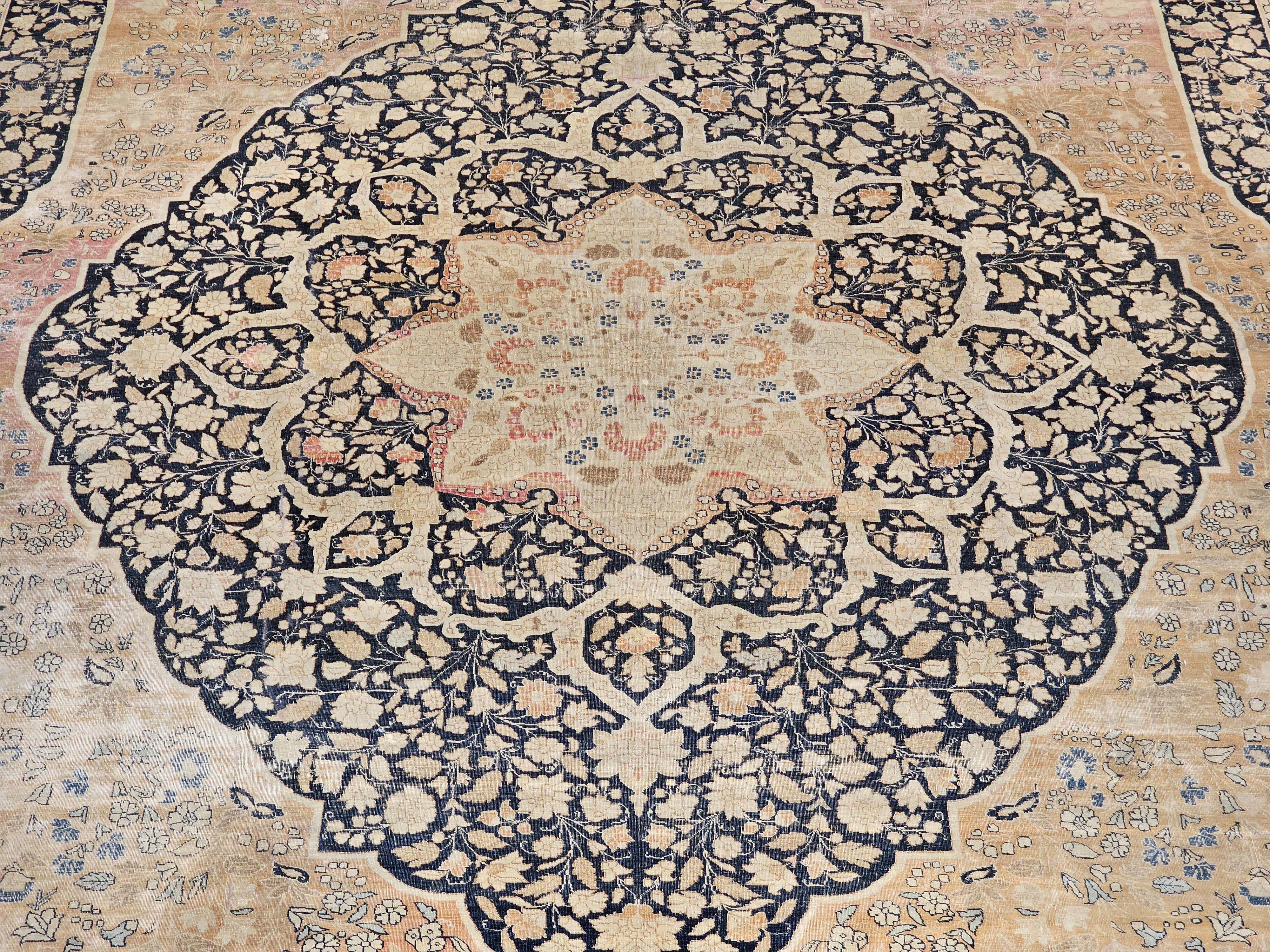 19th Century Persian Tabriz Haji Jalili Carpet in Navy, tan, Pale Red, Baby Blue For Sale 2