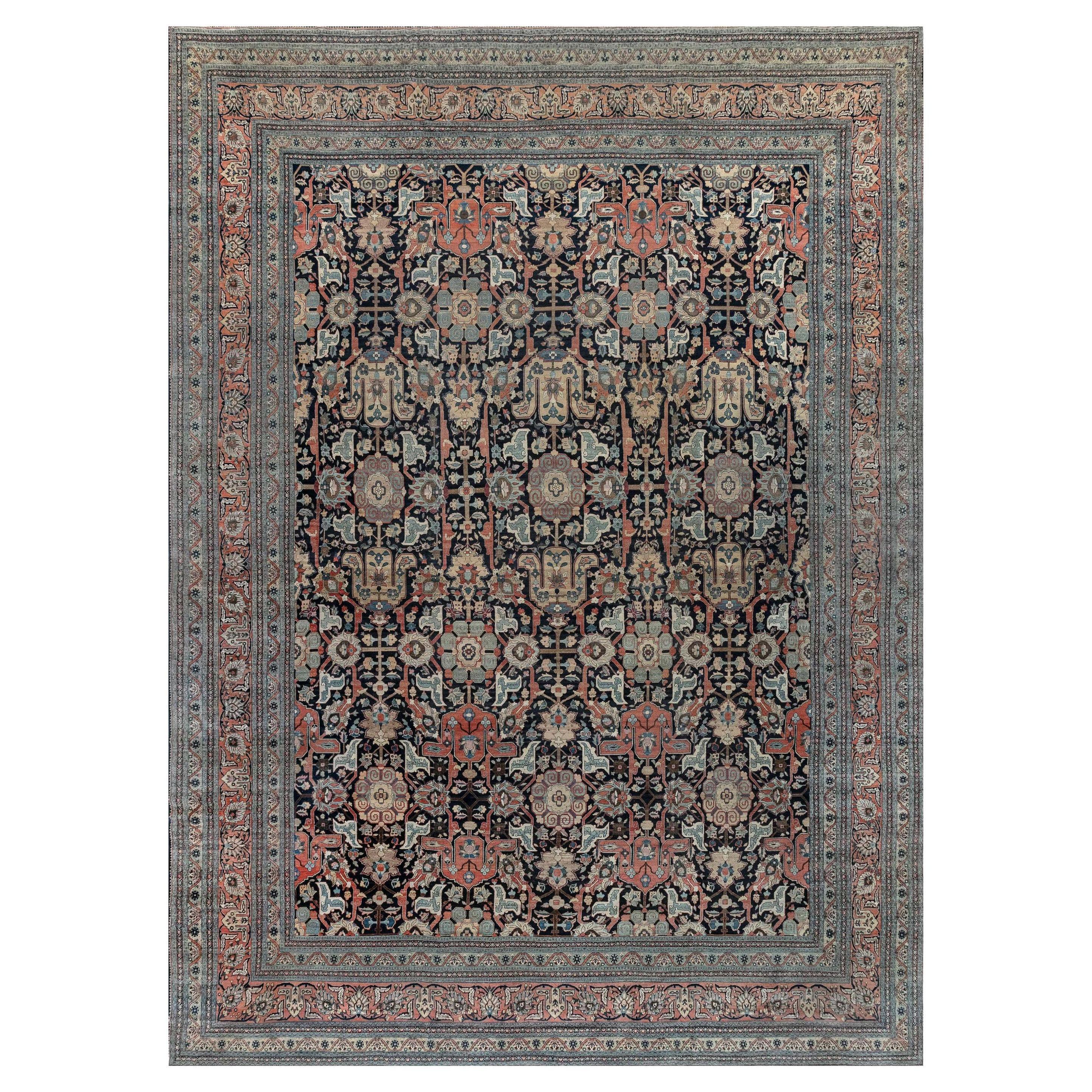 19th Century Persian Tabriz Handwoven Wool Rug For Sale