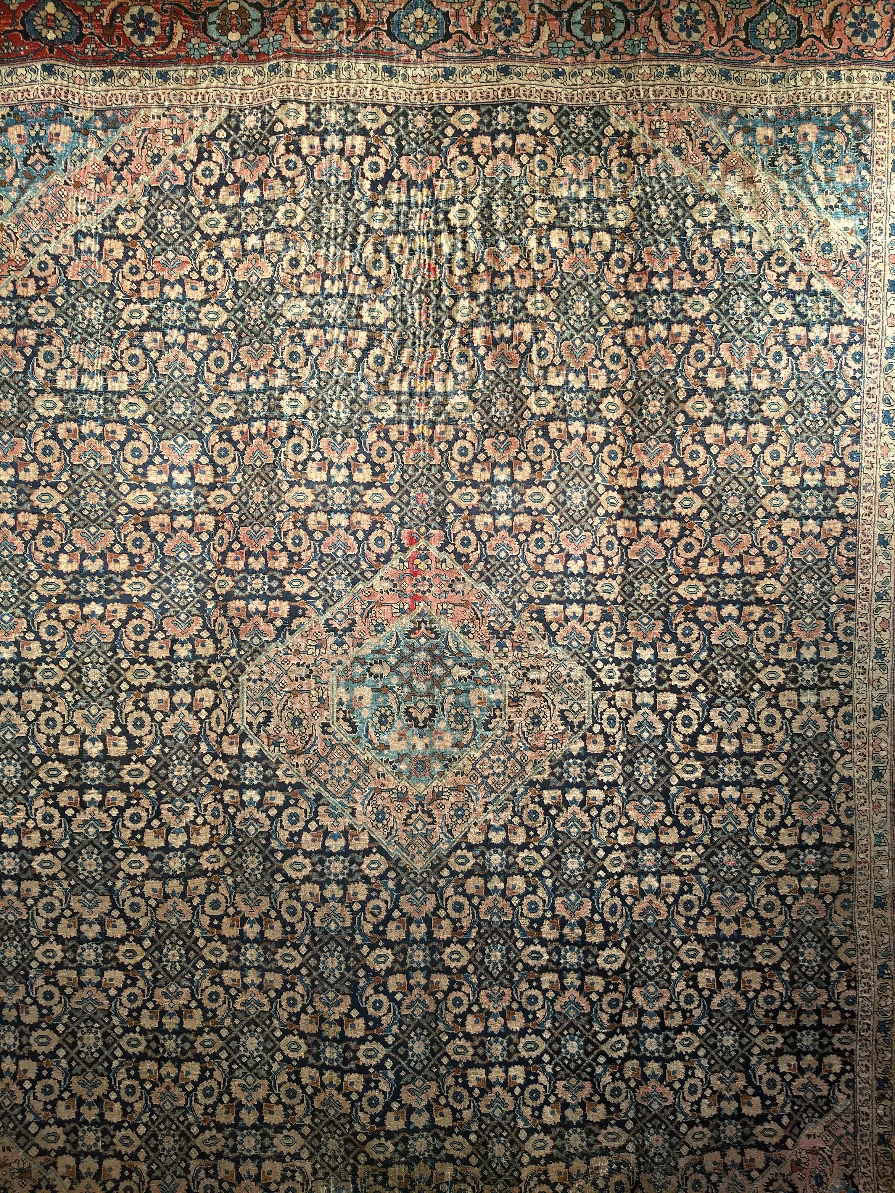 Hand-Knotted 19th Century Persian Tabriz in an All-over Geometric Pattern in Midnight Blue For Sale