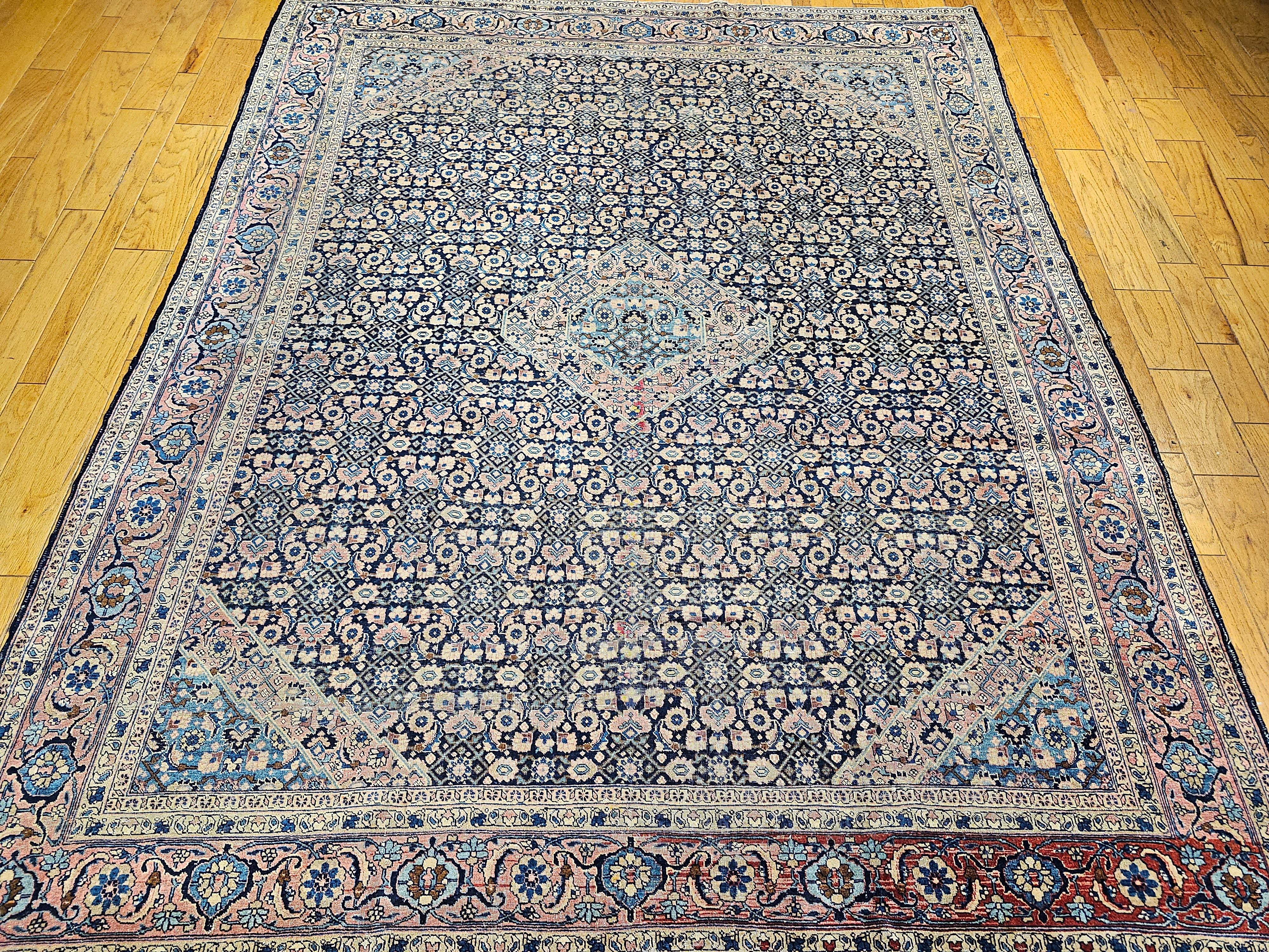 19th Century Persian Tabriz in an All-over Geometric Pattern in Midnight Blue In Good Condition For Sale In Barrington, IL
