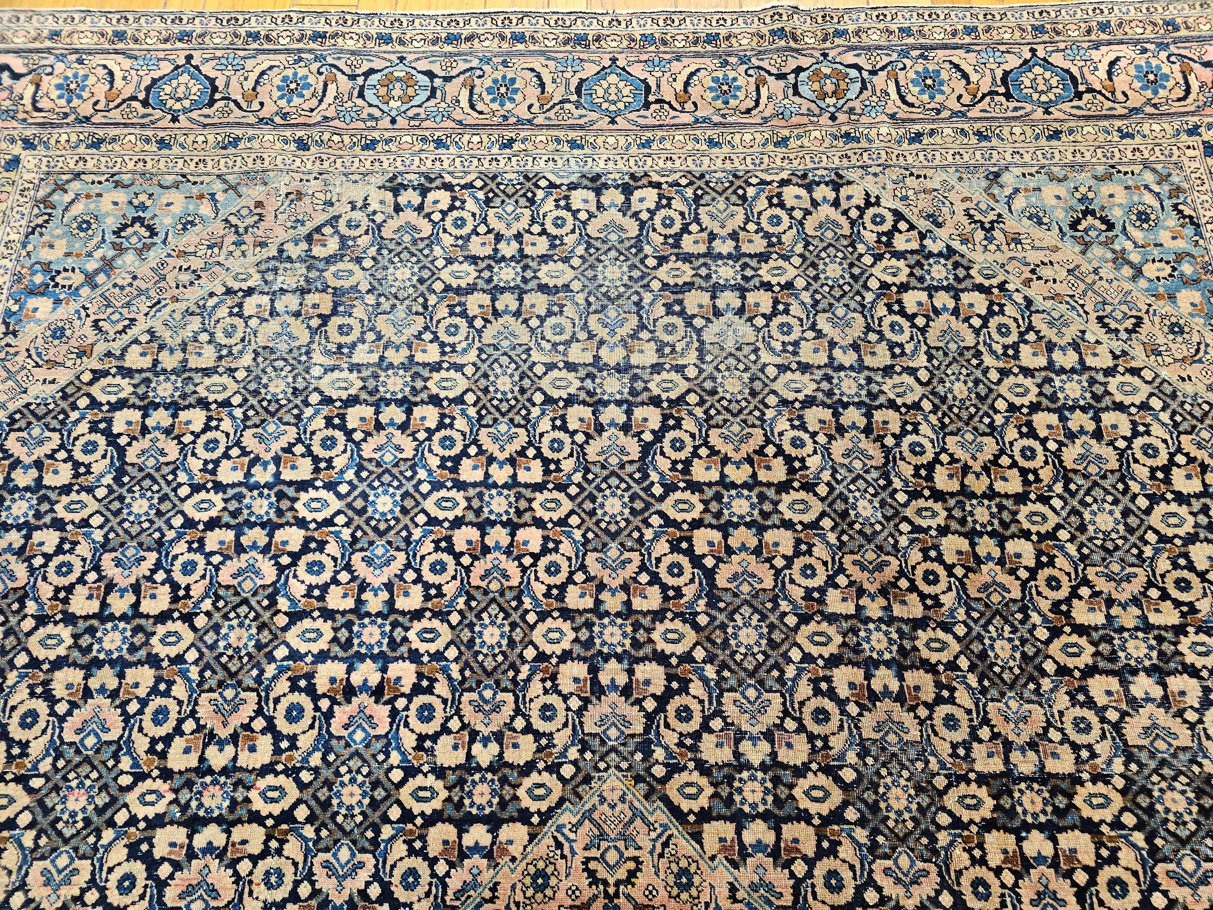 Wool 19th Century Persian Tabriz in an All-over Geometric Pattern in Midnight Blue For Sale