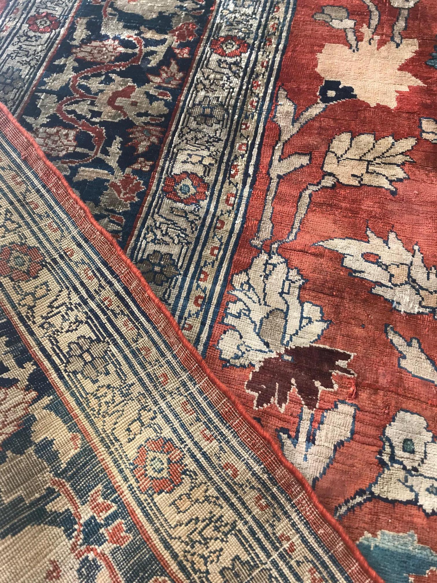 Hand-Knotted 19th Century Persian Tabriz Silk Red, Navy Blue Rug For Sale
