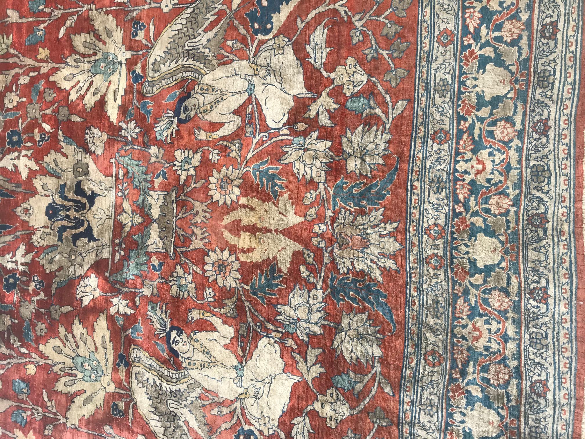 19th Century Persian Tabriz Silk Red, Navy Blue Rug In Good Condition For Sale In New York, NY