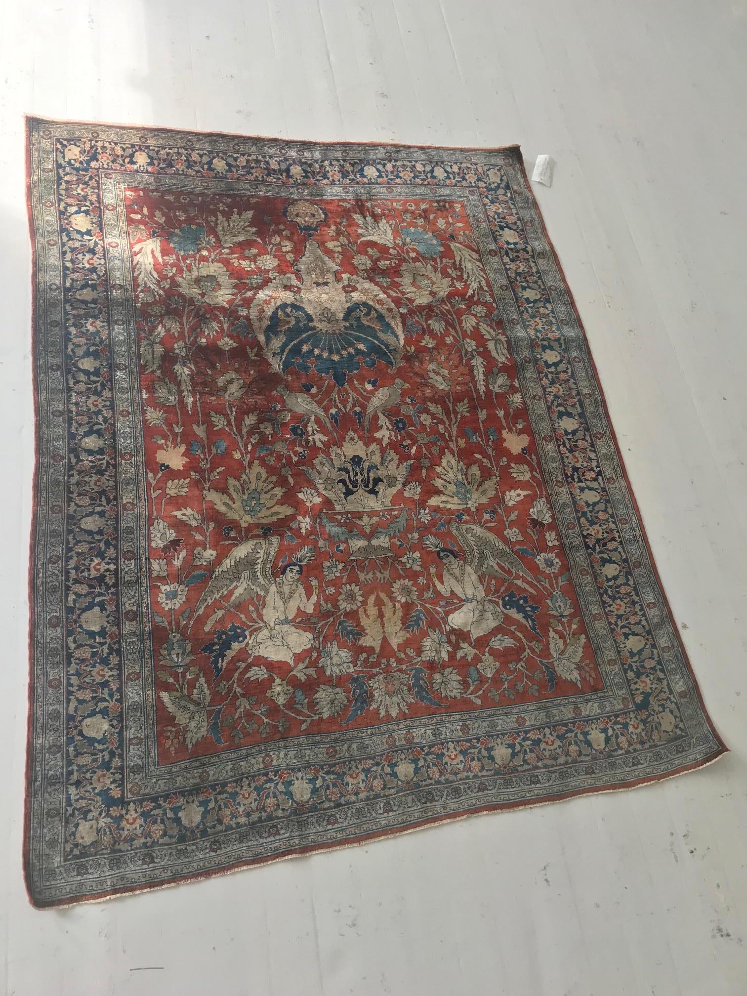 Wool 19th Century Persian Tabriz Silk Red, Navy Blue Rug For Sale