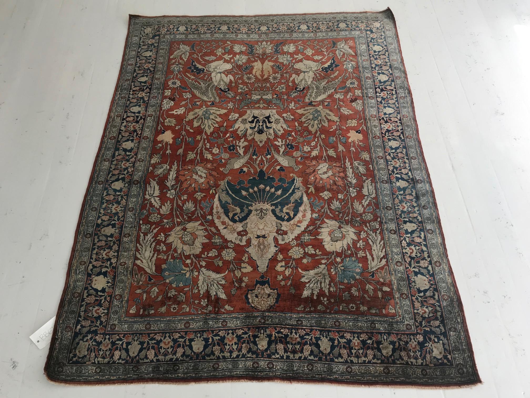 19th Century Persian Tabriz Silk Red, Navy Blue Rug For Sale 1