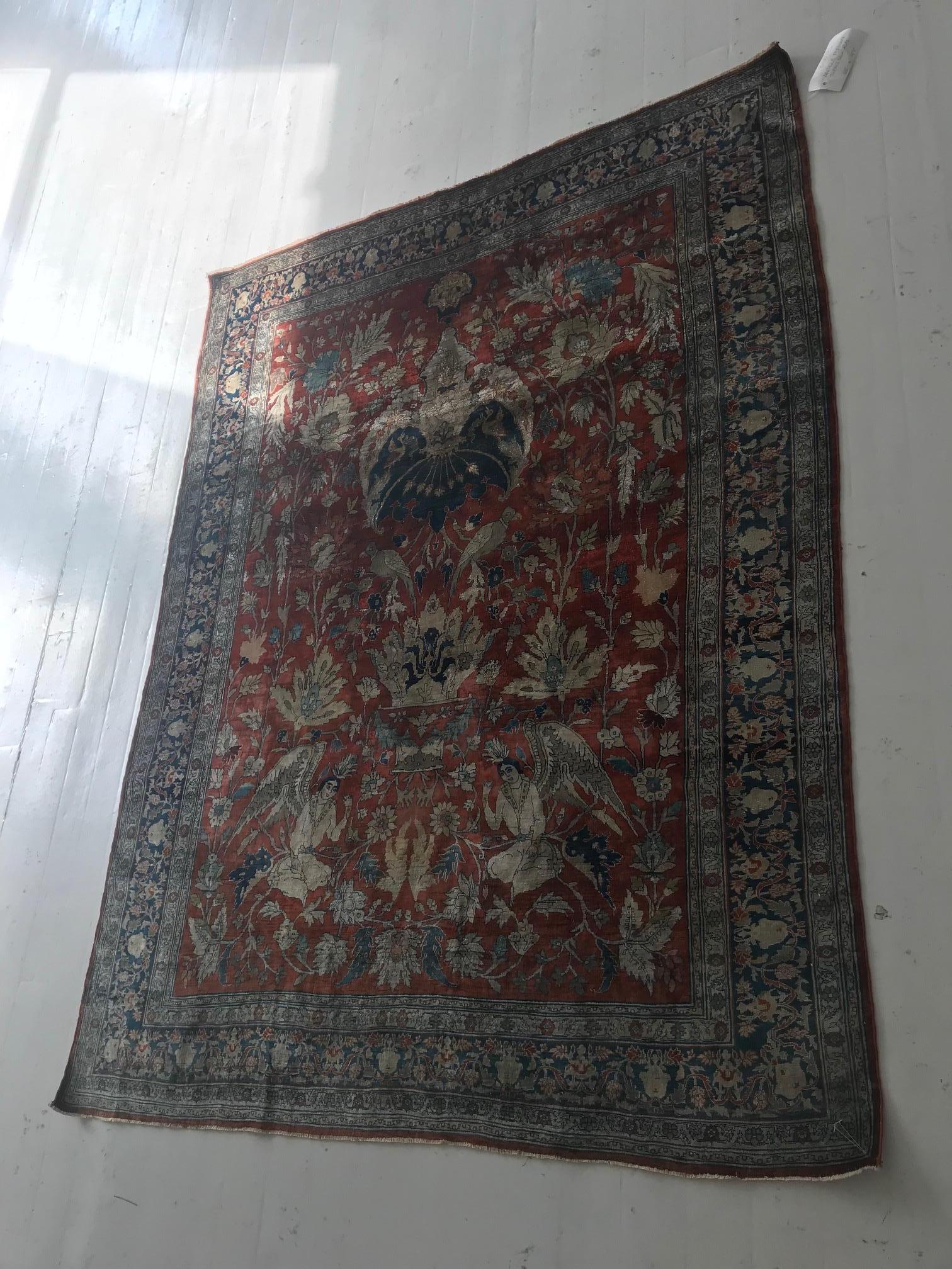 19th Century Persian Tabriz Silk Red, Navy Blue Rug For Sale 2